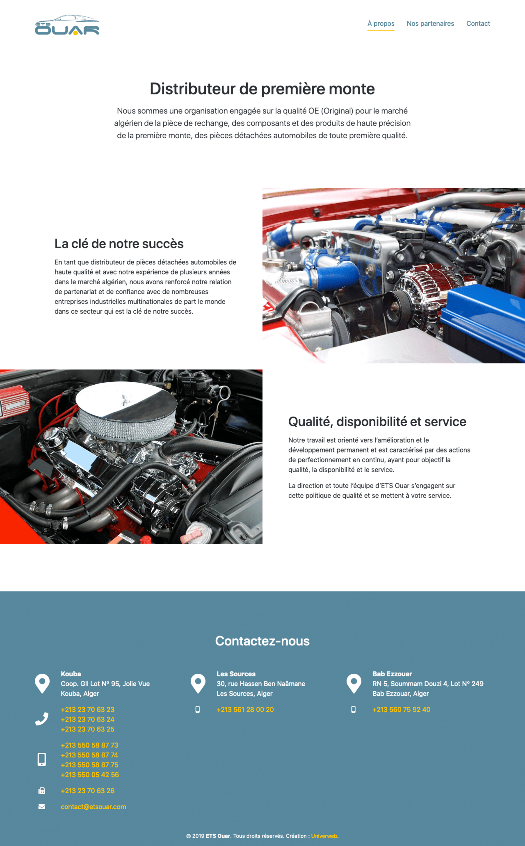 Capture d’écran complète d’une page du site web de ETS Ouar, montrant sa structure et son contenu.