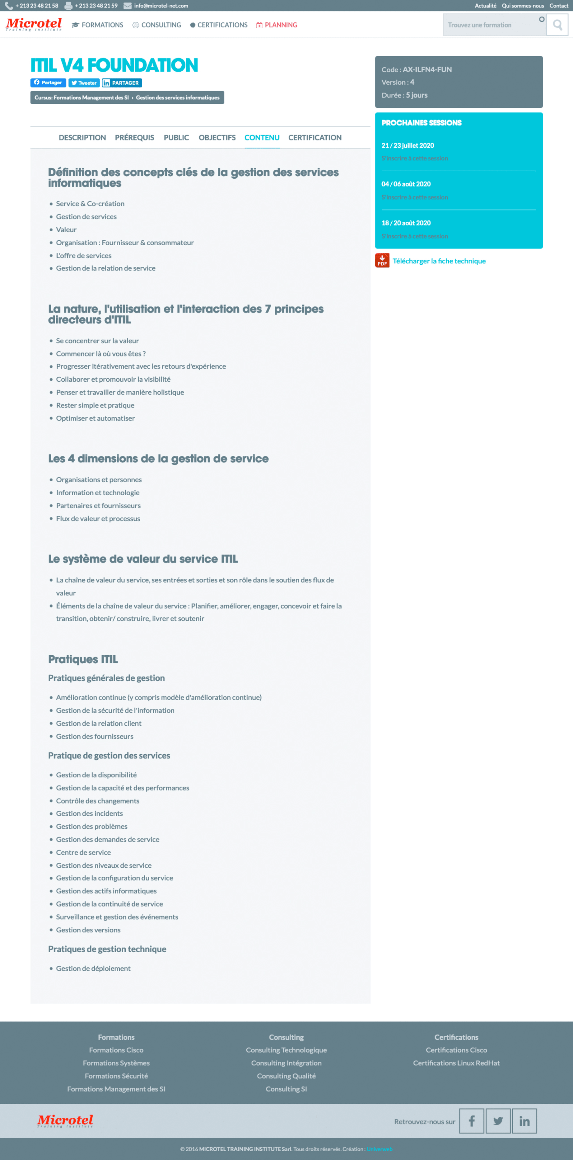 Capture d’écran complète d’une page du site web de Microtel Training Institute, montrant sa structure et son contenu.