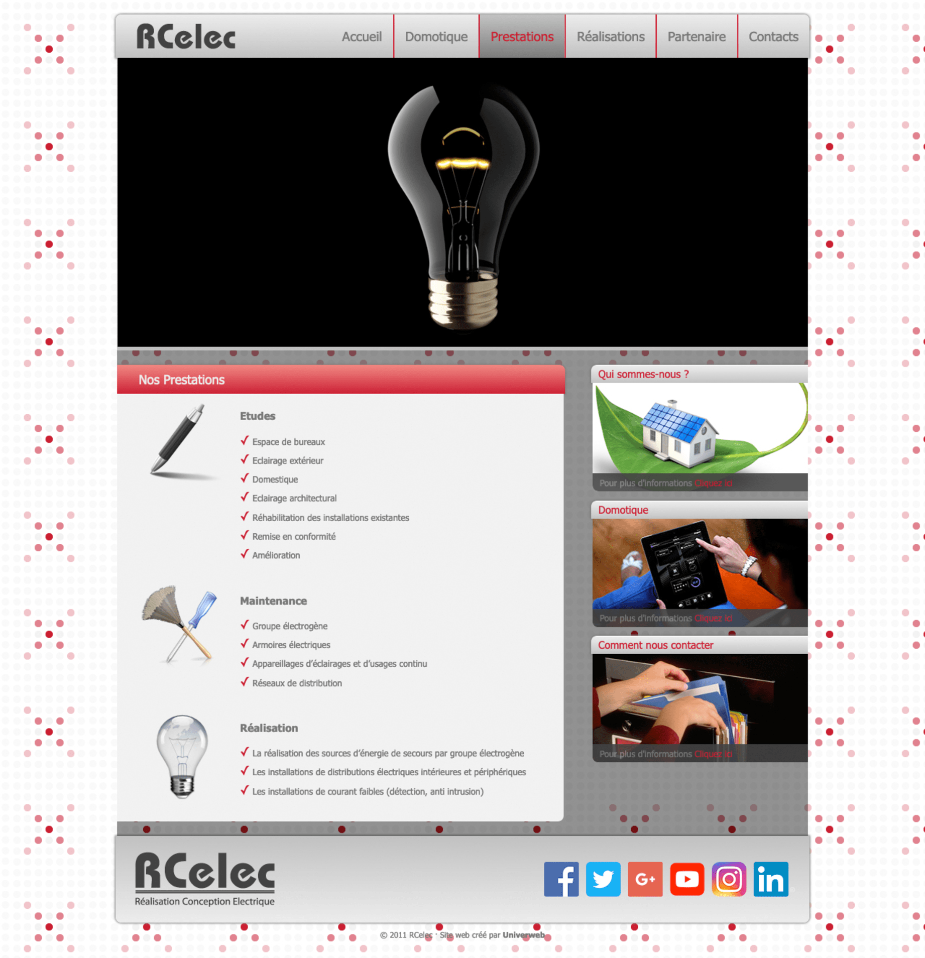 Capture d’écran complète d’une page du site web de RCelec, montrant sa structure et son contenu.