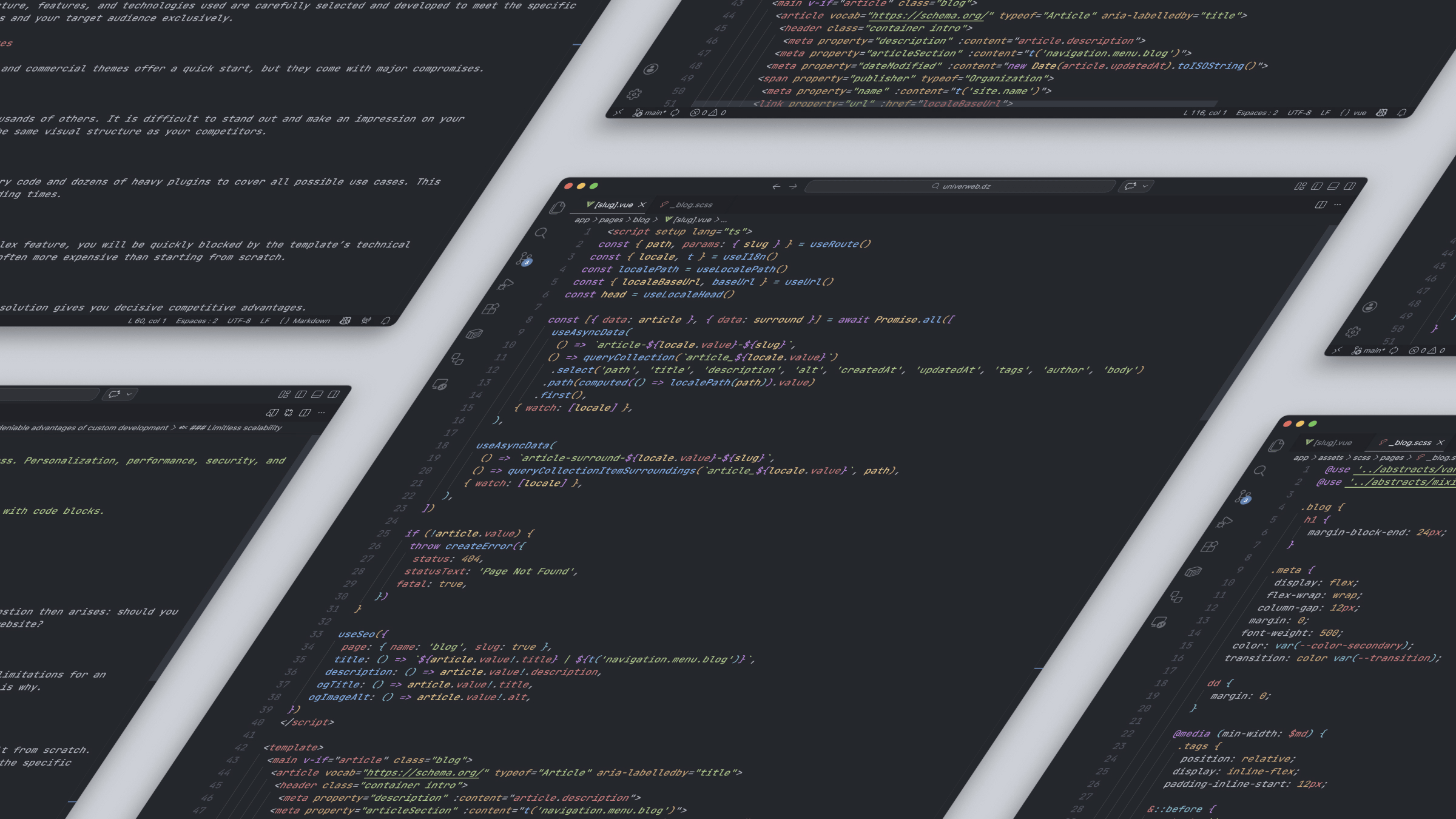 Vue d'ensemble d'un environnement de développement professionnel montrant la structure d'un projet Nuxt 4 : un composant Vue.js pour la structure, un fichier SCSS externe pour le design sur mesure et un fichier Markdown pour le contenu éditorial.