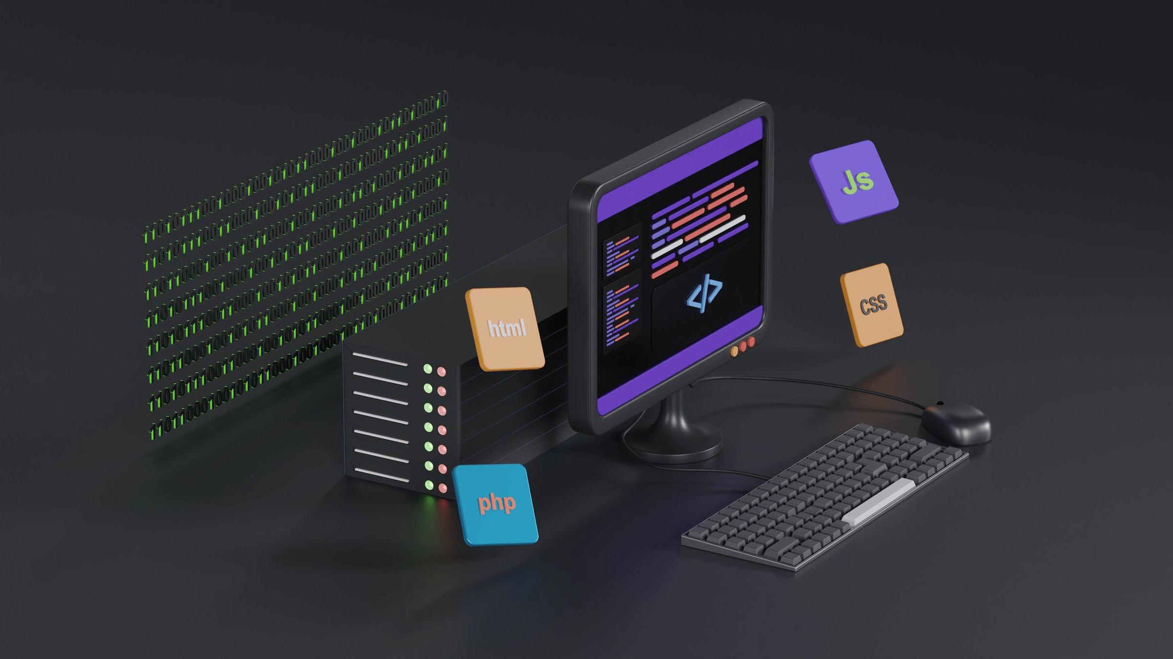 Illustration 3D d’un ordinateur et de blocs HTML, JS, CSS et PHP, symbolisant la création d’un site web.