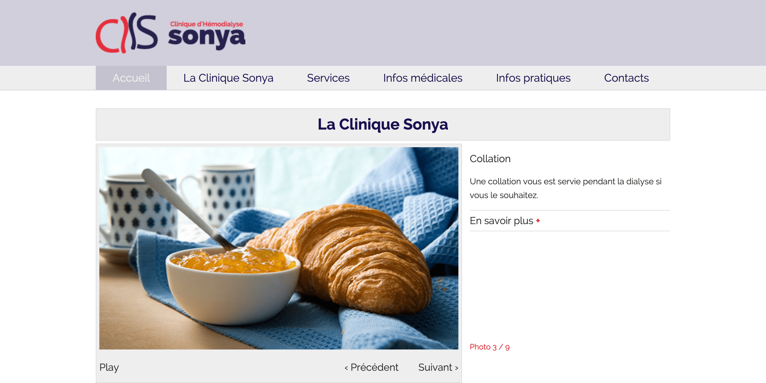Bannière du site web de Clinique Sonya, montrant notamment son logo et son menu de navigation.