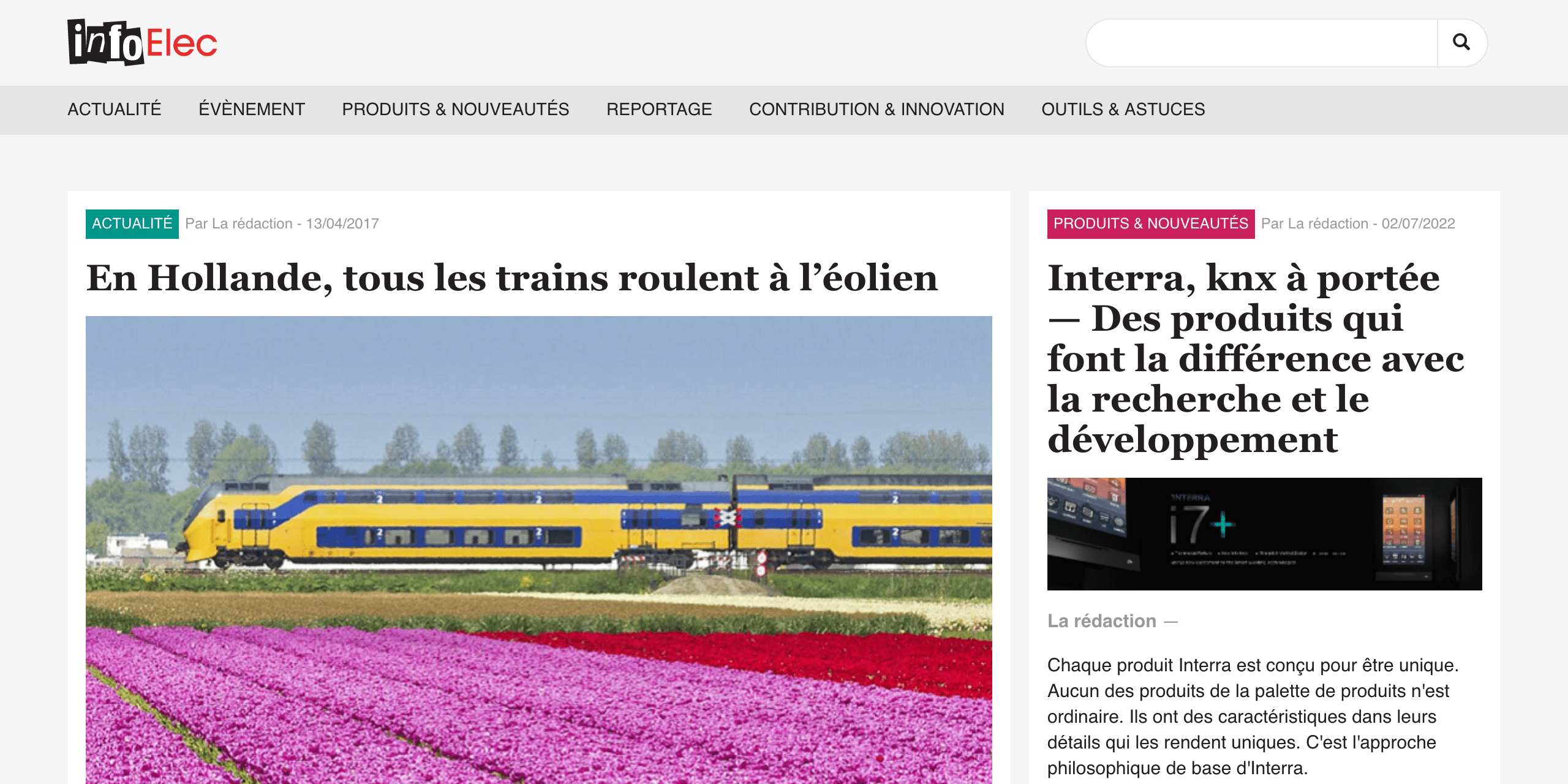Bannière du site web de infoElec, montrant notamment son logo et son menu de navigation.