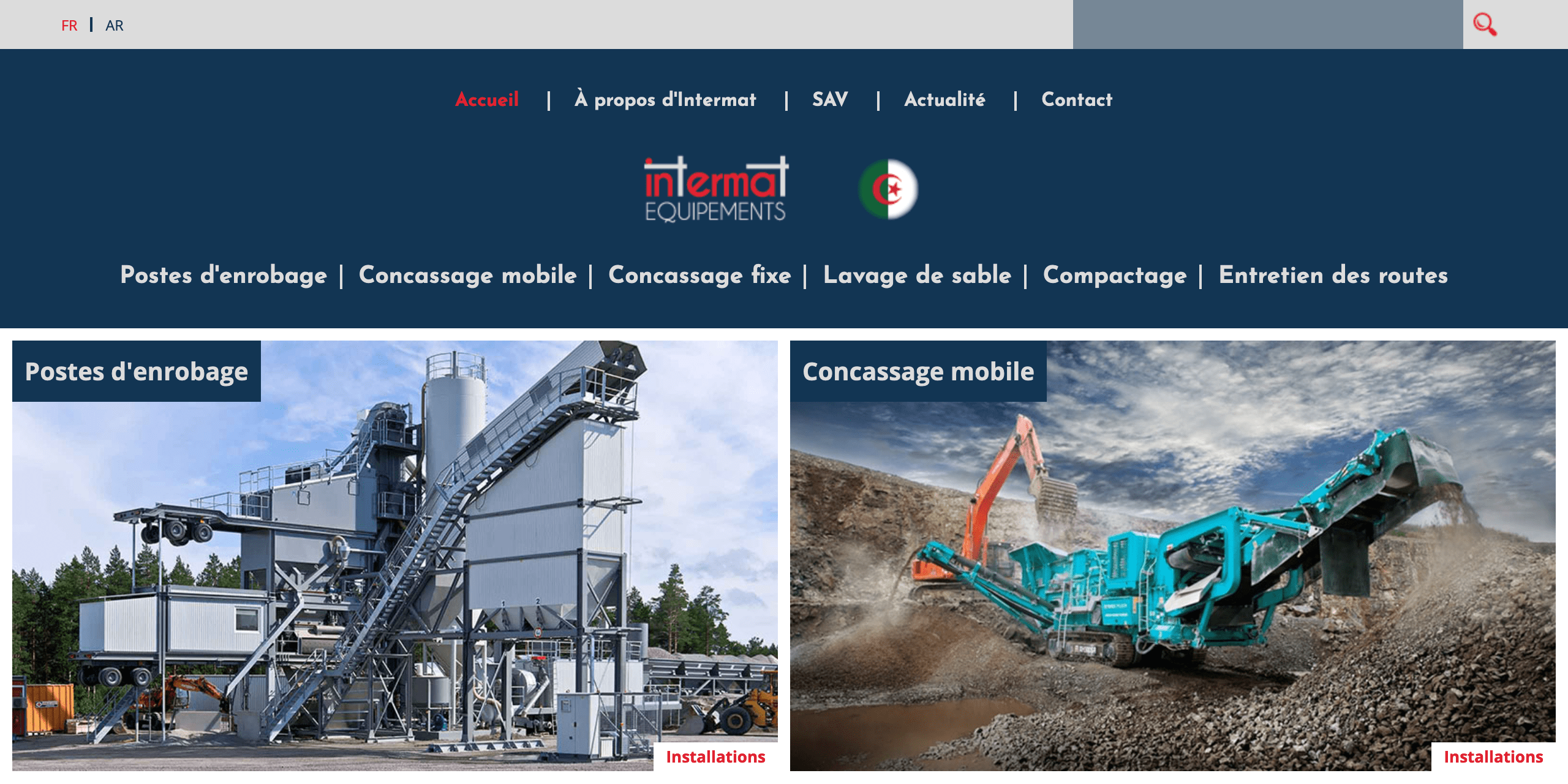 Bannière du site web de Intermat, montrant notamment son logo et son menu de navigation.