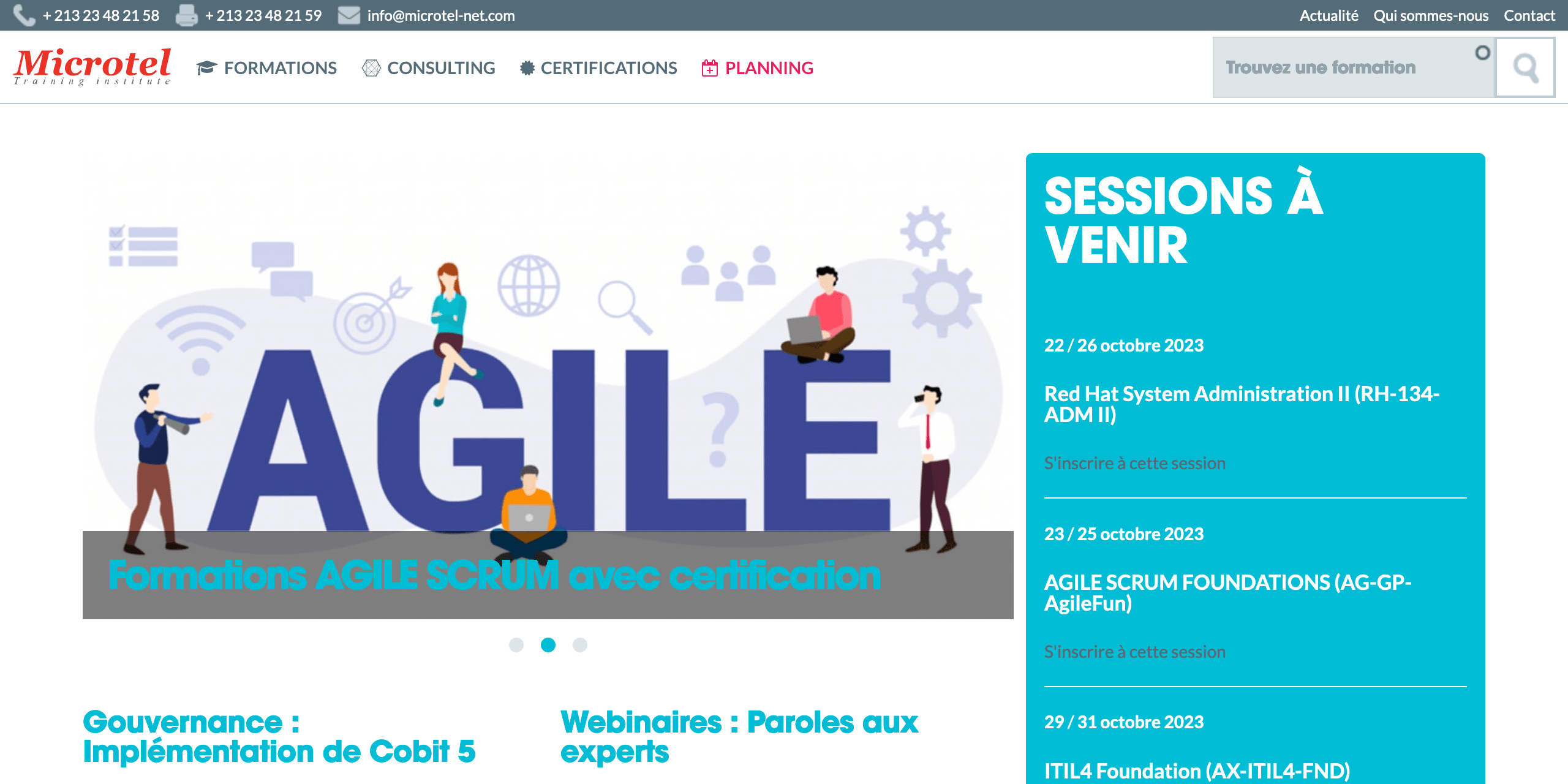 Bannière du site web de Microtel Training Institute, montrant notamment son logo et son menu de navigation.