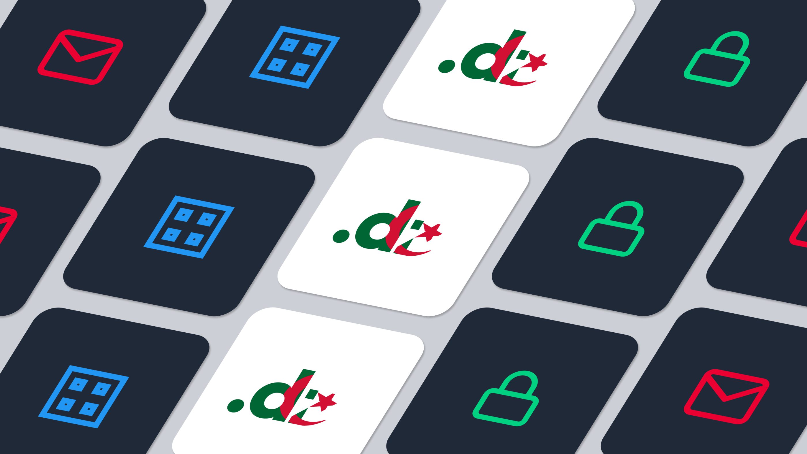 Illustration par icônes des solutions d’hébergement web : nom de domaine .dz, plateforme d’hébergement, messagerie professionnelle et sécurité SSL.