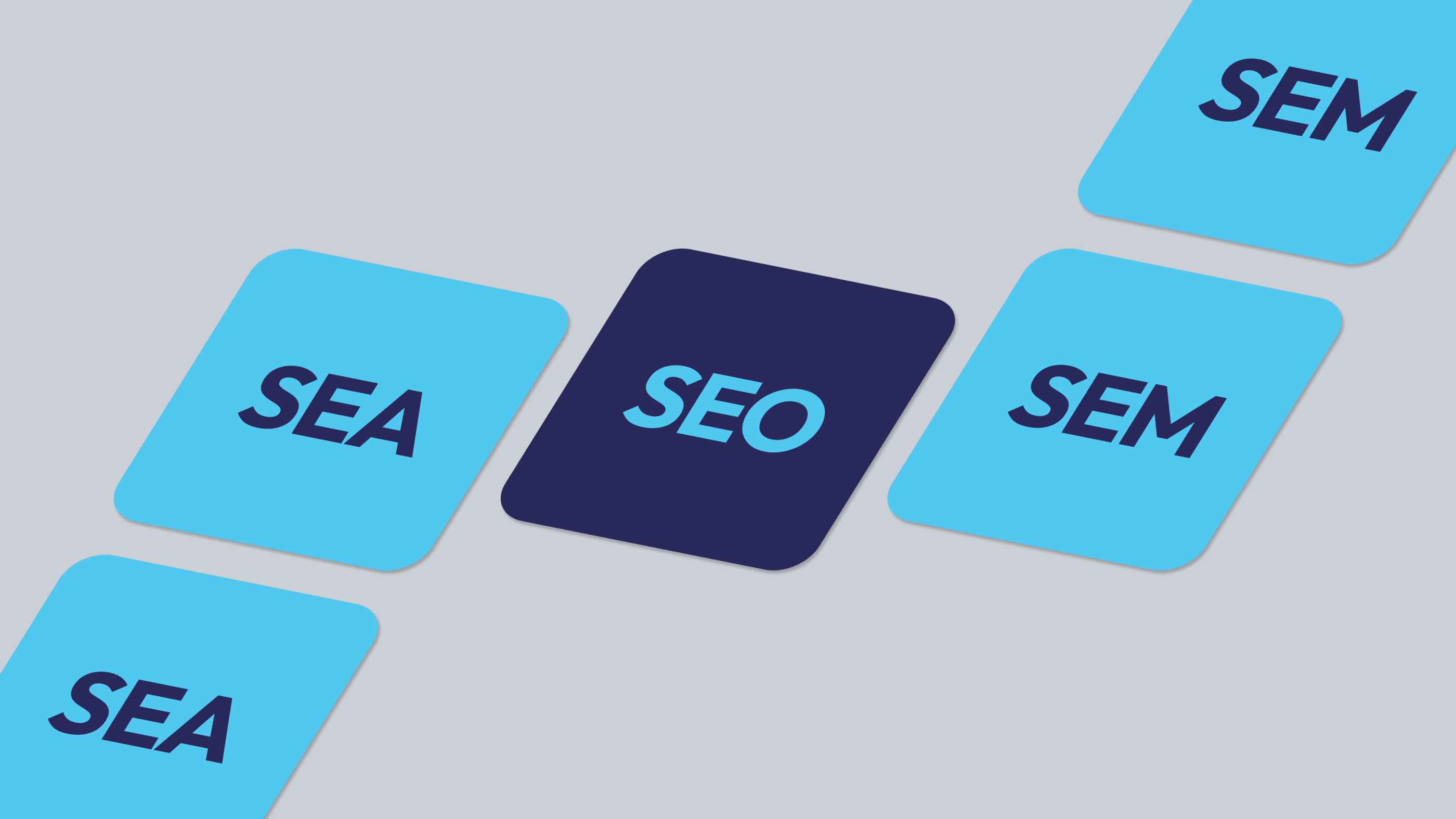 Illustration par icônes des solutions de marketing digital : référencement naturel (SEO) et publicité en ligne (SEA/SEM).