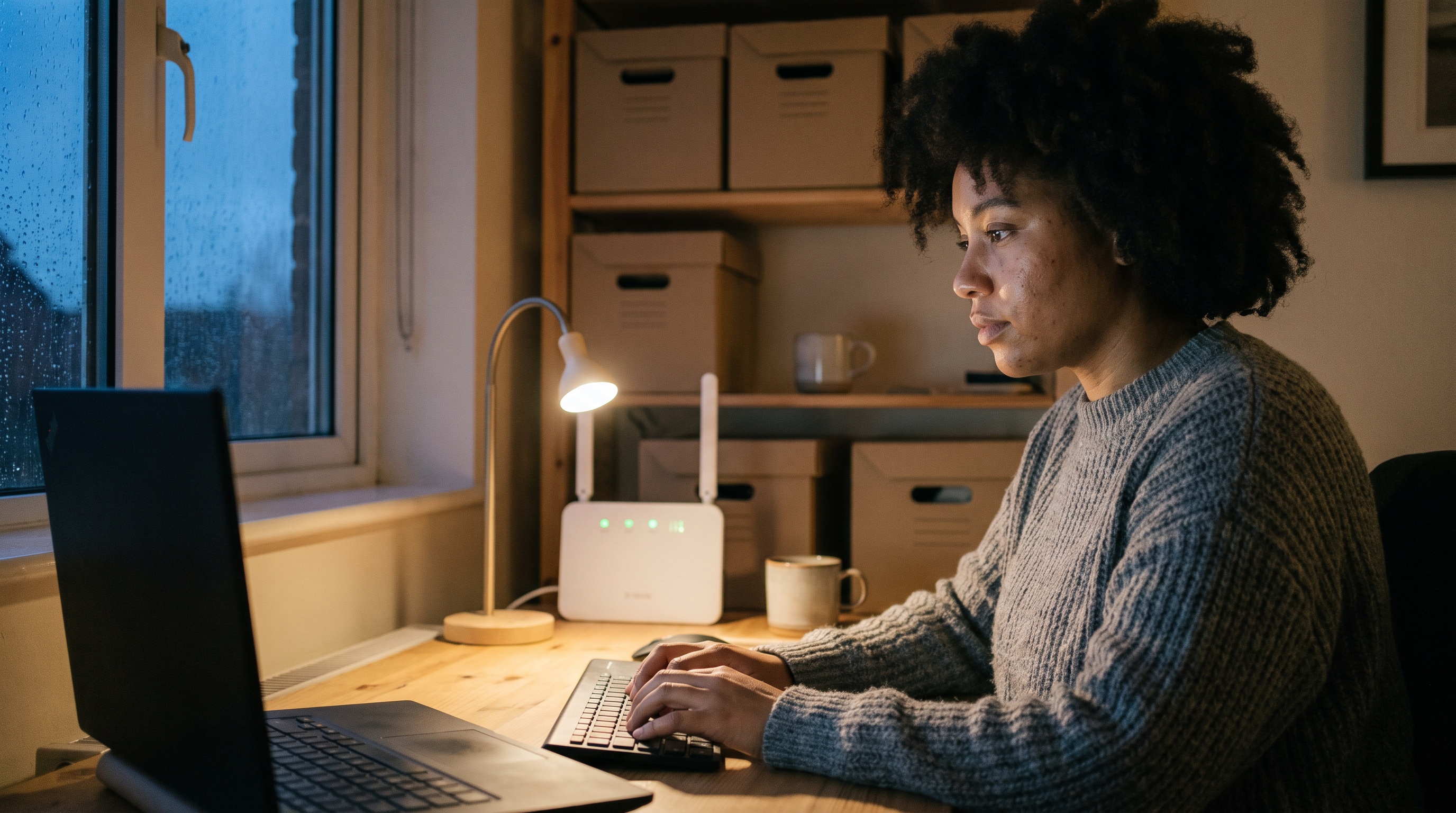 Woman working at a home office desk on a rainy evening with a backup internet router on the shelf behind her