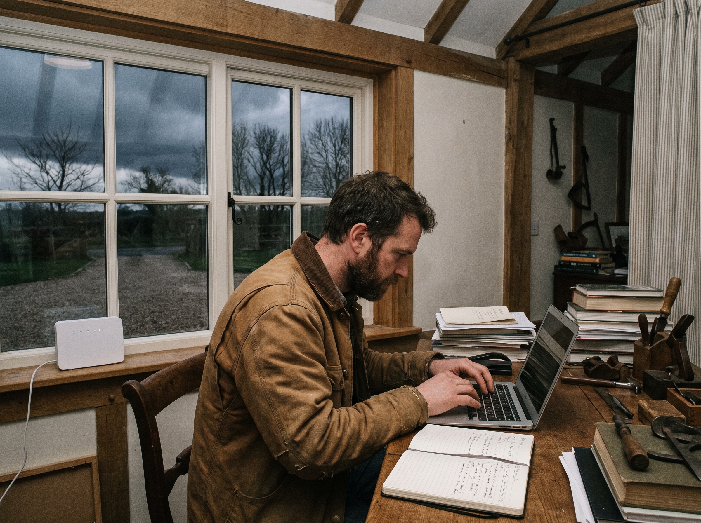 Man working on a laptop in a rural farmhouse office with storm clouds outside and a router on the windowsill