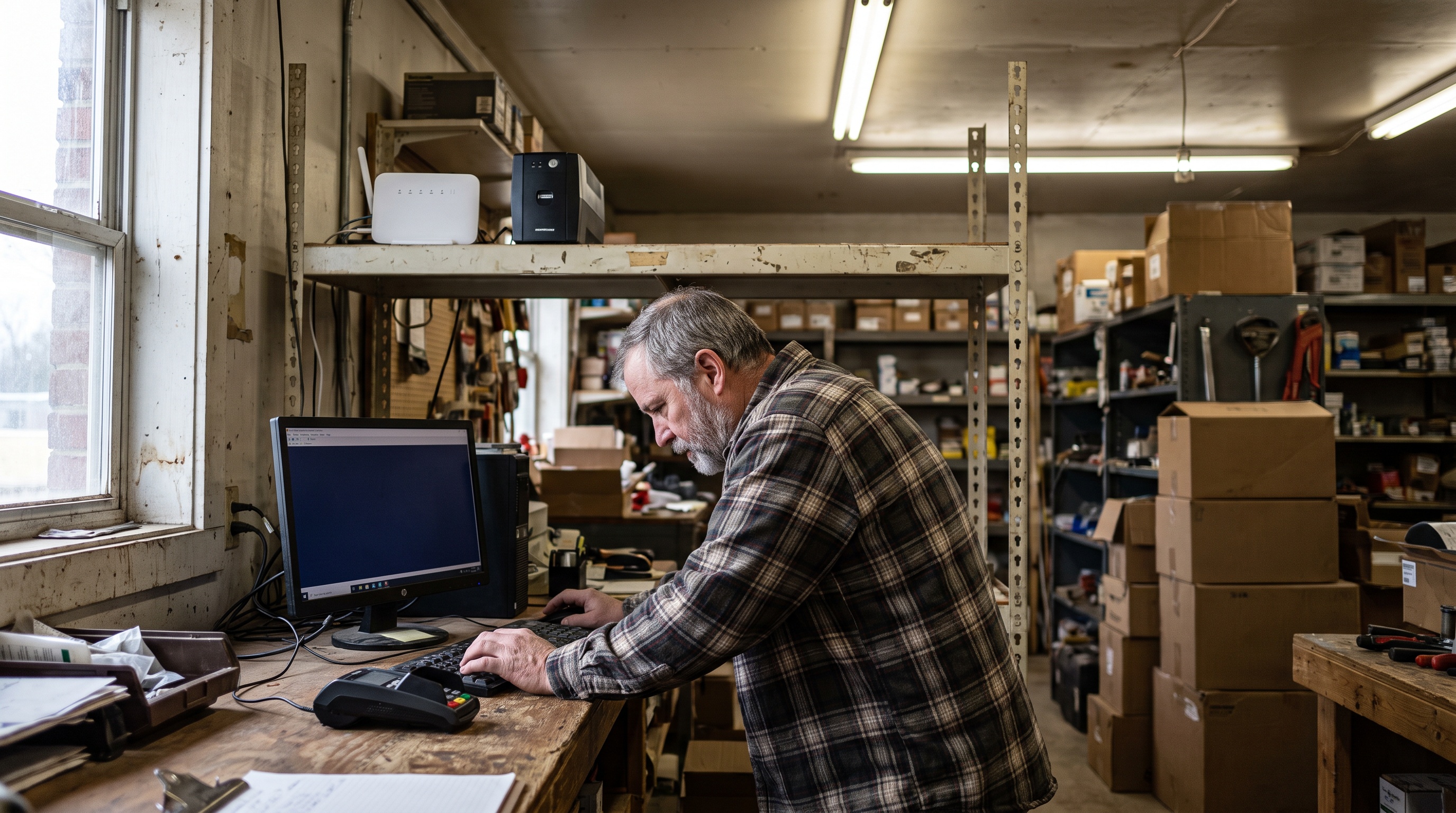 Small business owner in a hardware store back office with a cellular router and battery backup on the shelf