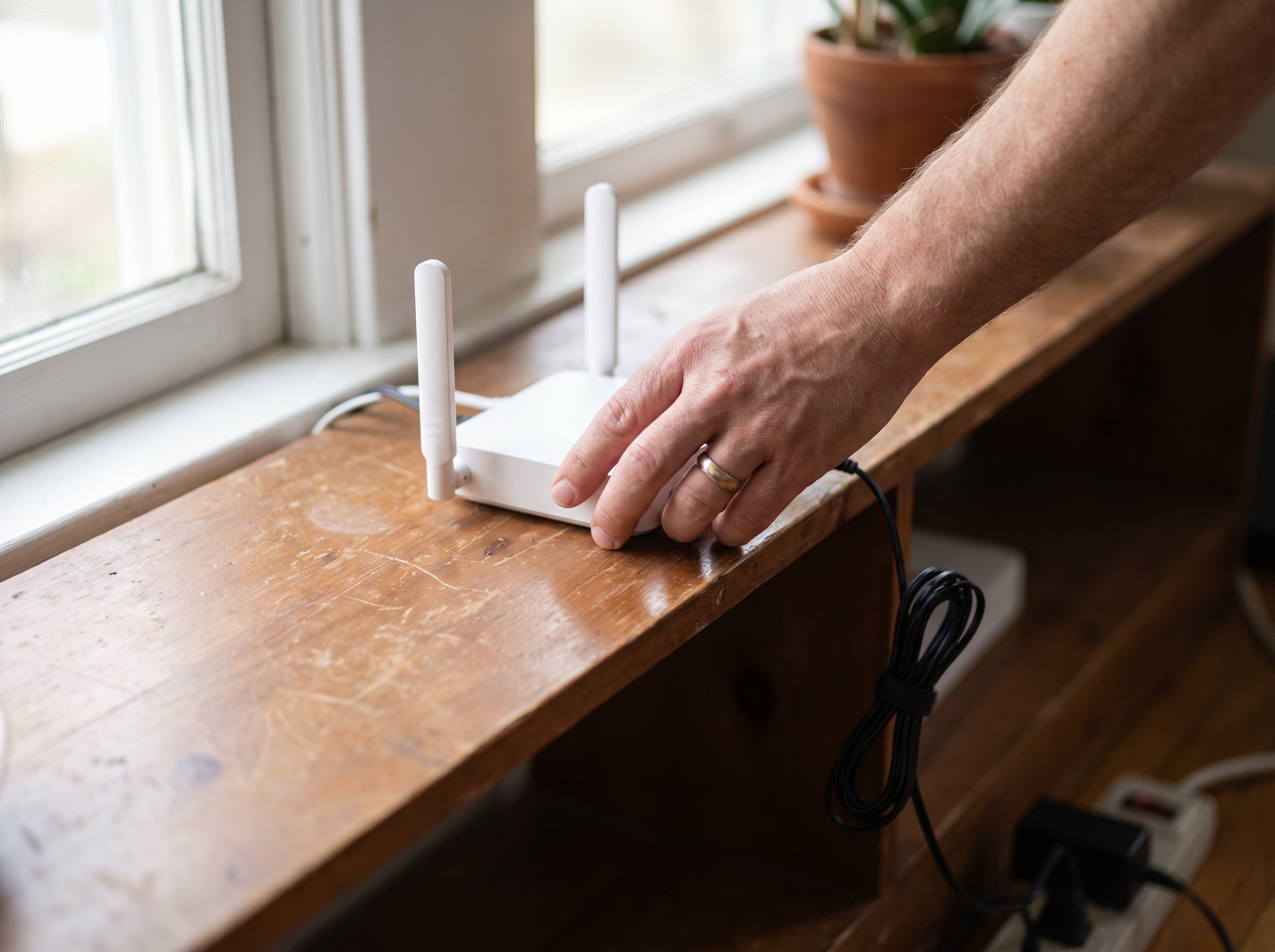 Hand adjusting a white cellular router with antennas on a wooden shelf near a window for better signal