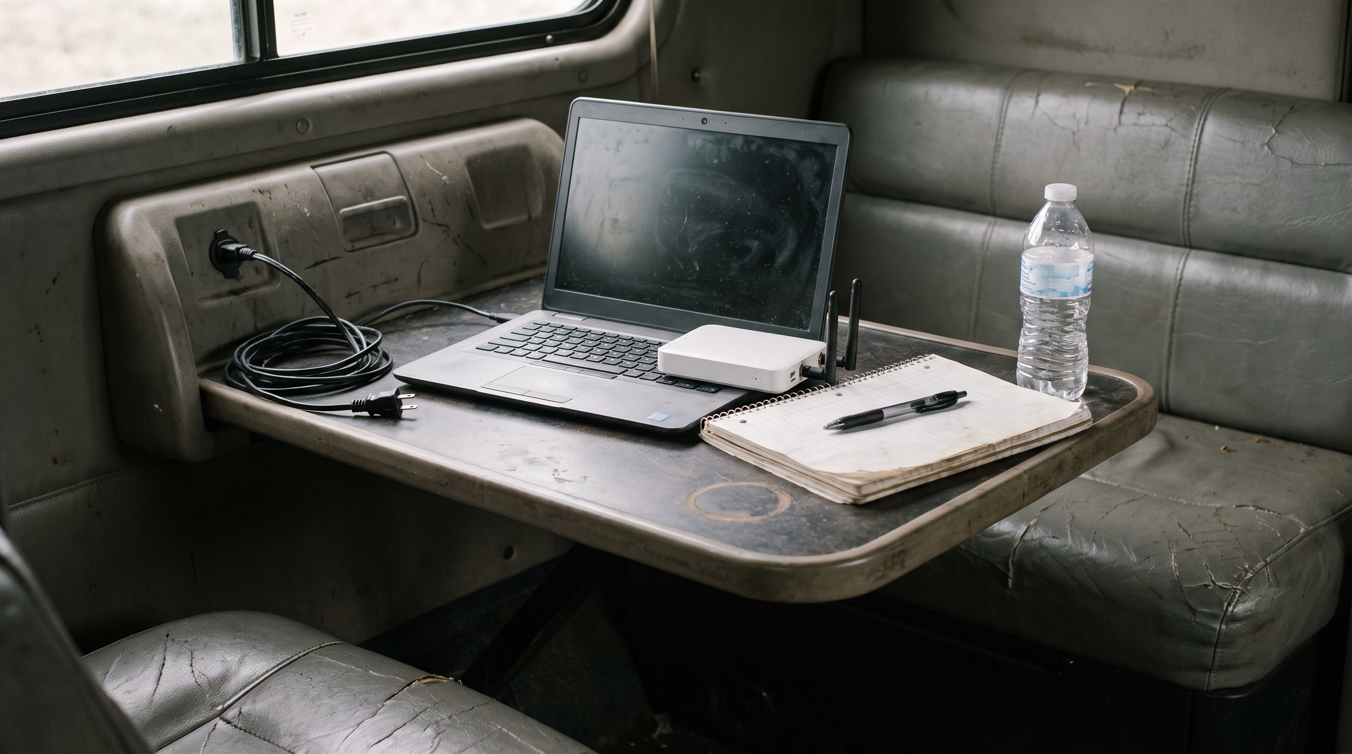 Laptop, router, and paperwork set up on a fold-down desk inside a semi truck sleeper berth