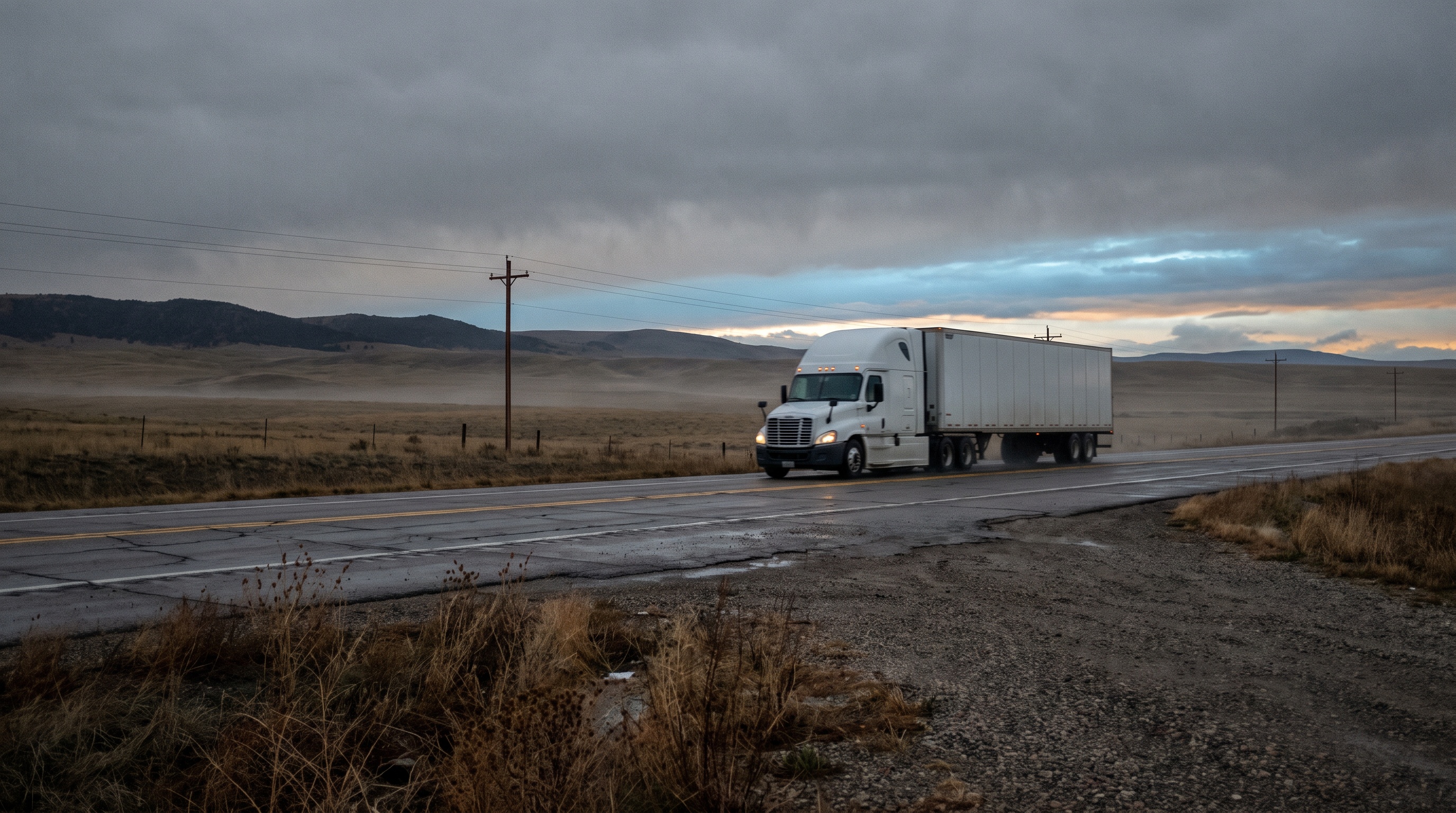 Semi truck on a rural interstate at dusk where cell coverage for truck driver internet is limited