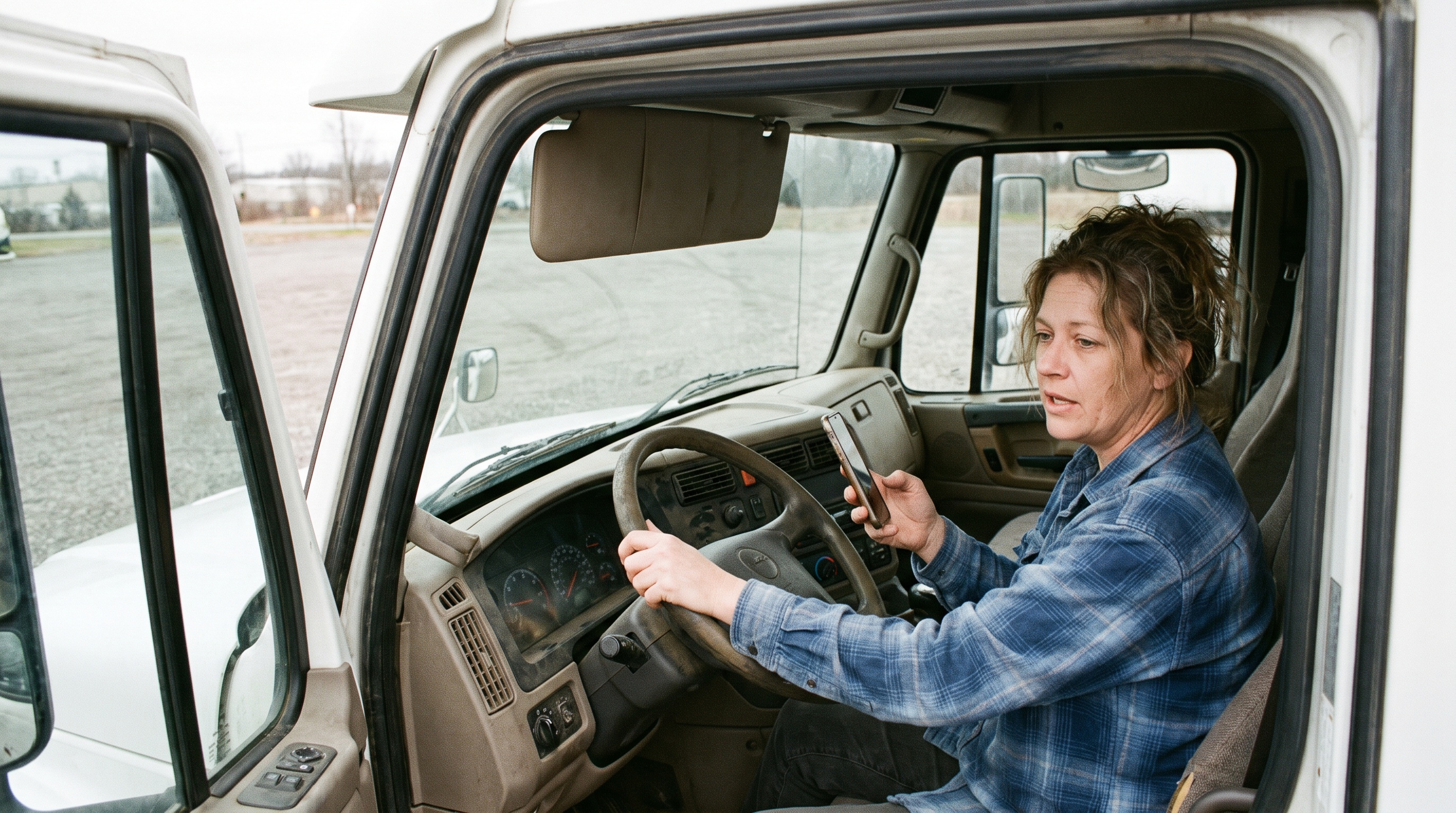 Truck driver on a video call from the cab using unlimited wireless internet during a reset