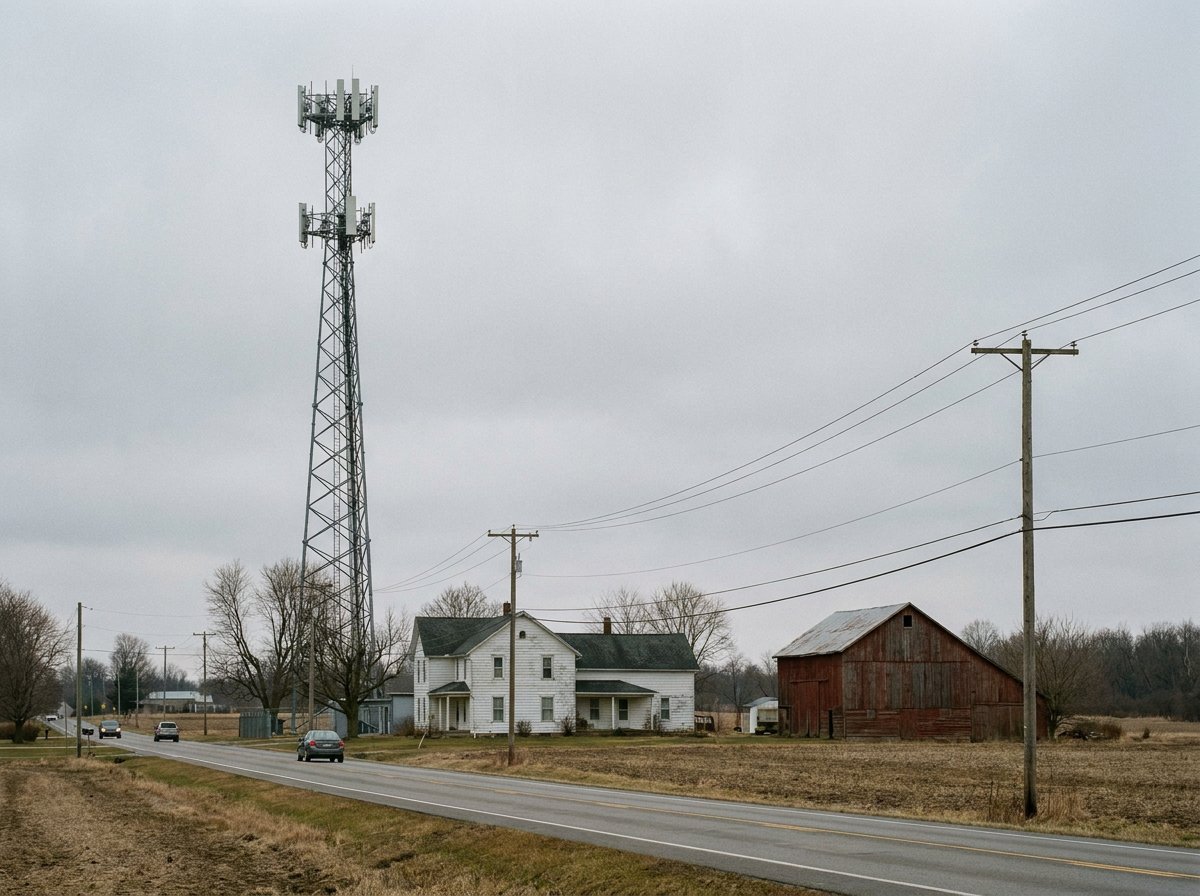 A cellular tower beside a two-lane rural road with a farmhouse and barn under an overcast sky, representing ground-based cellular home internet coverage