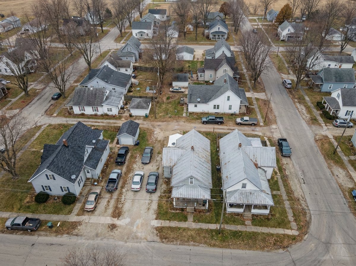 Aerial view of a small rural American town where many neighboring homes have satellite internet dishes, showing how demand concentrates in a single coverage area