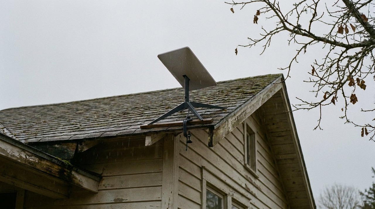 A Starlink satellite dish mounted on the eave of a weathered rural farmhouse under a flat overcast sky
