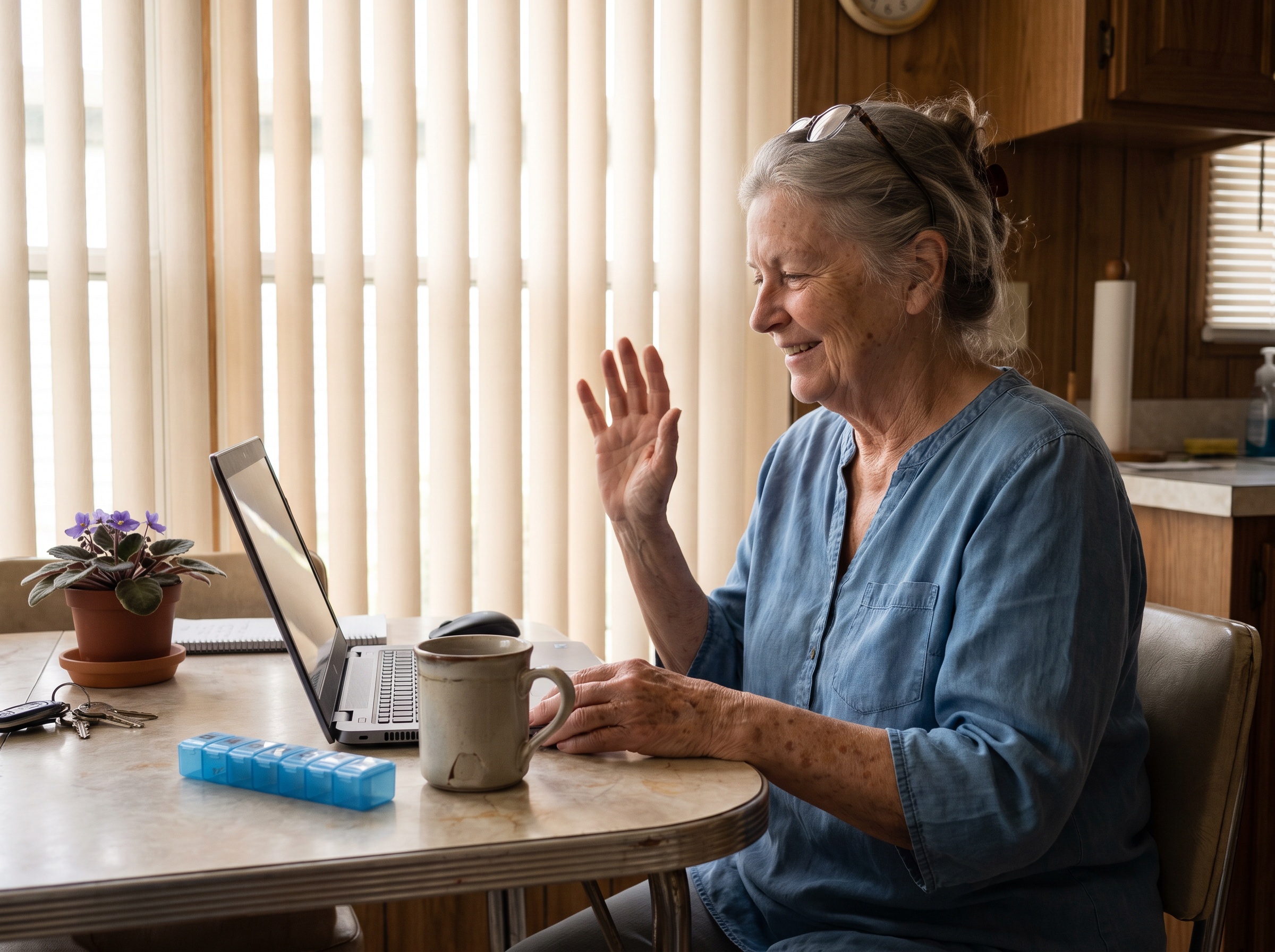 Snowbird on a video call at a kitchen table in a winter home with reliable internet