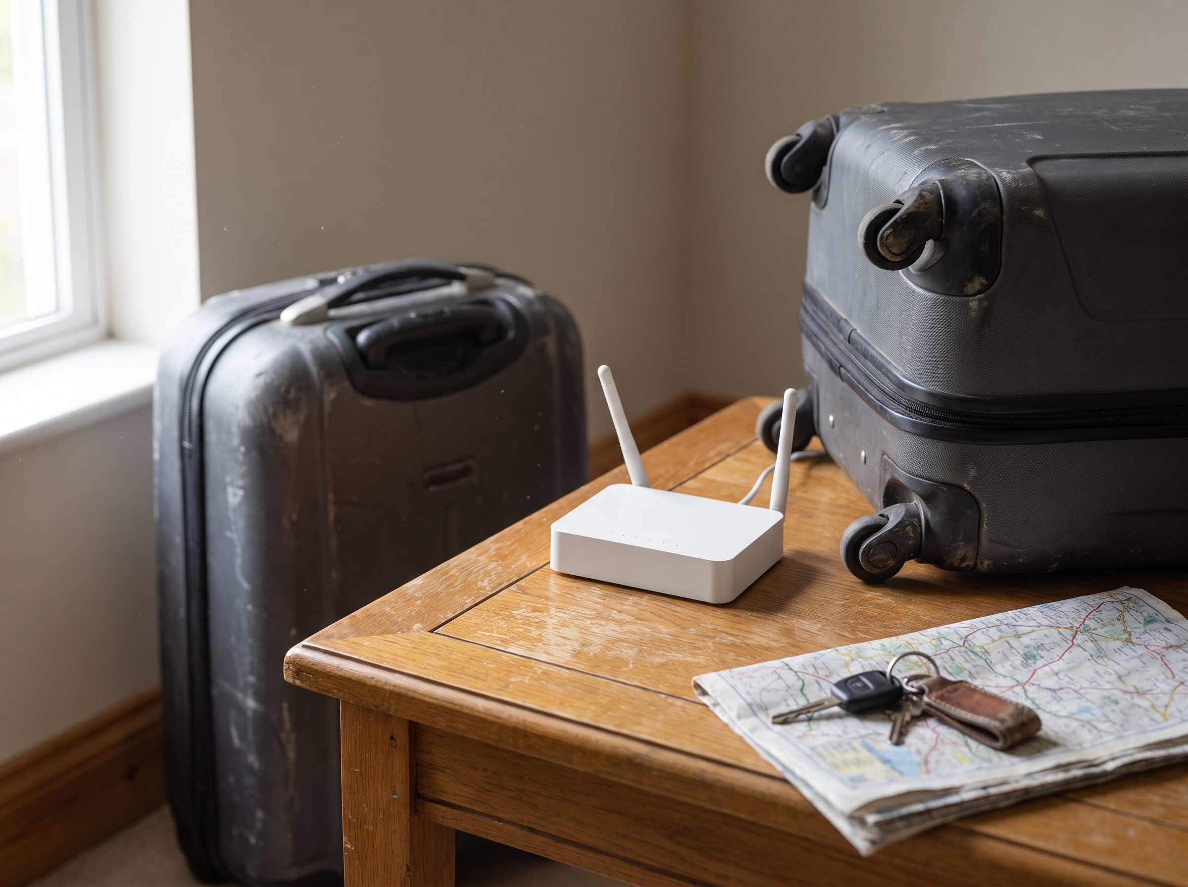 Portable wireless router beside packed luggage, ready to move to a second home