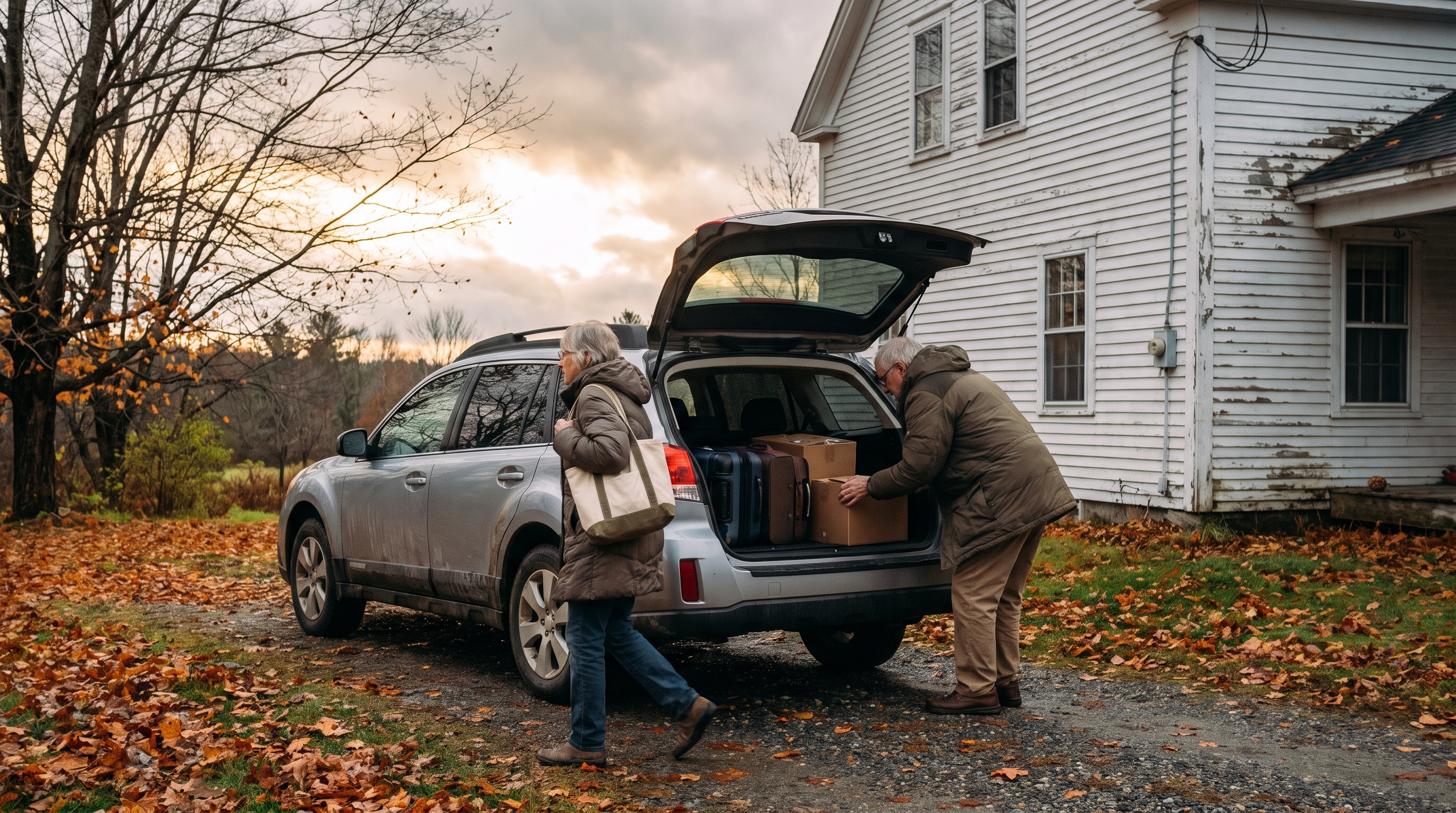 Retired couple packing an SUV outside a northern farmhouse before heading south for winter
