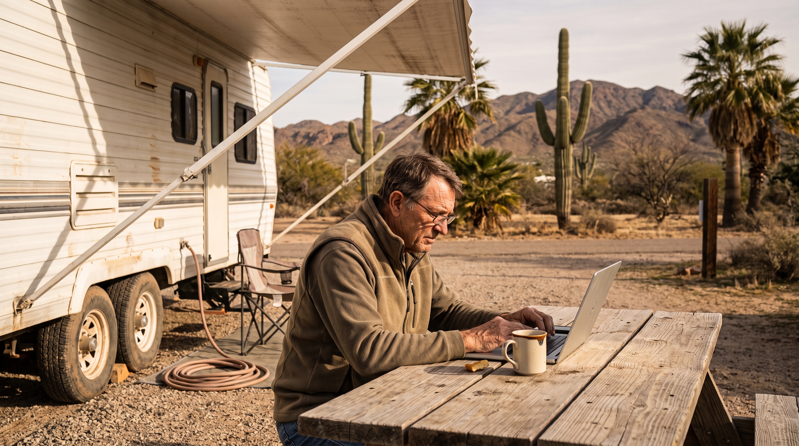 Snowbird working on a laptop outside an RV at a desert park, using portable internet for snowbirds