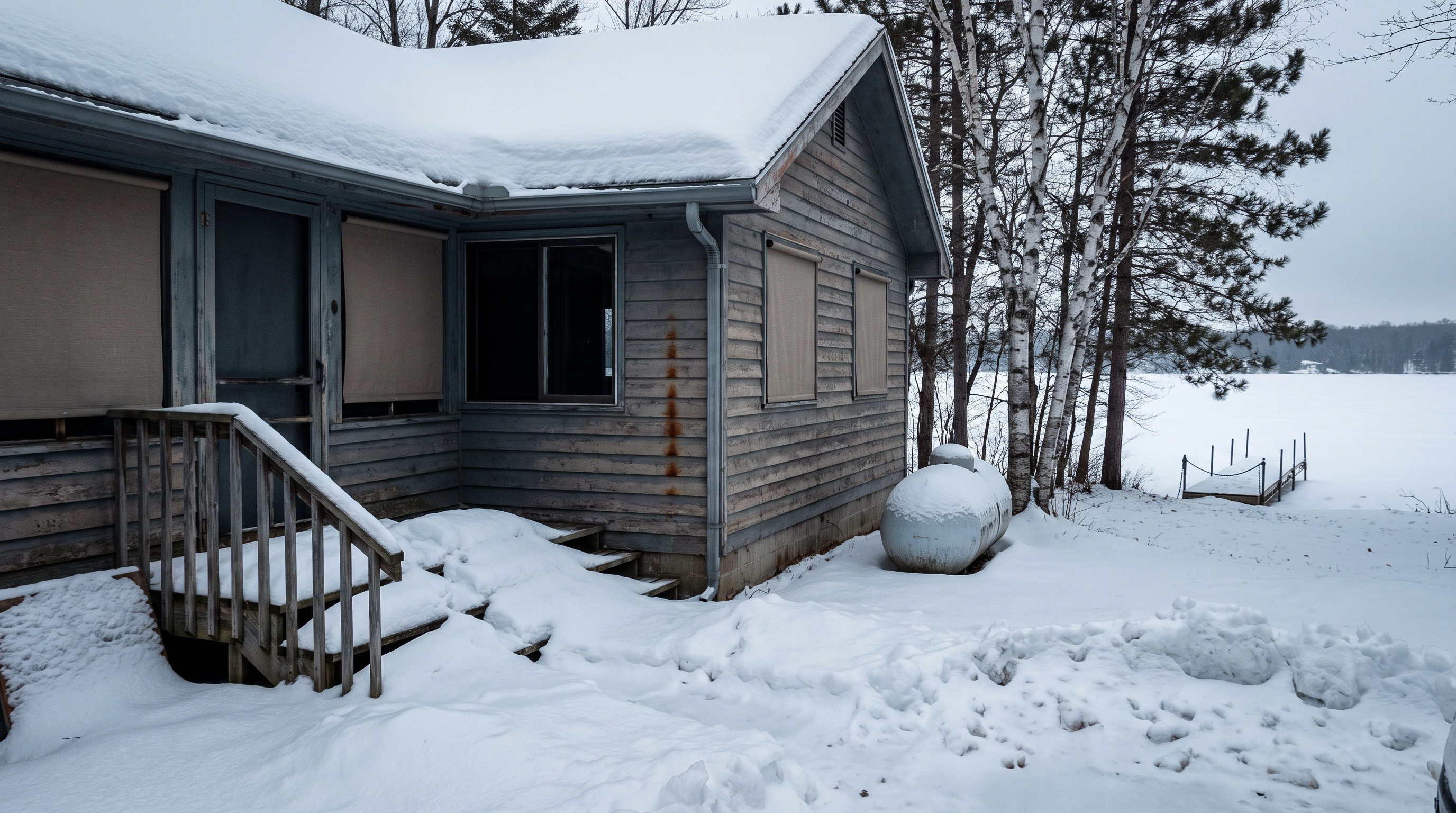 Empty snow-covered northern lake house with shades drawn during snowbird season
