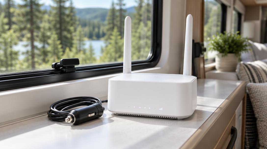 Small wireless router with a 12 volt plug on an RV window ledge for RV internet