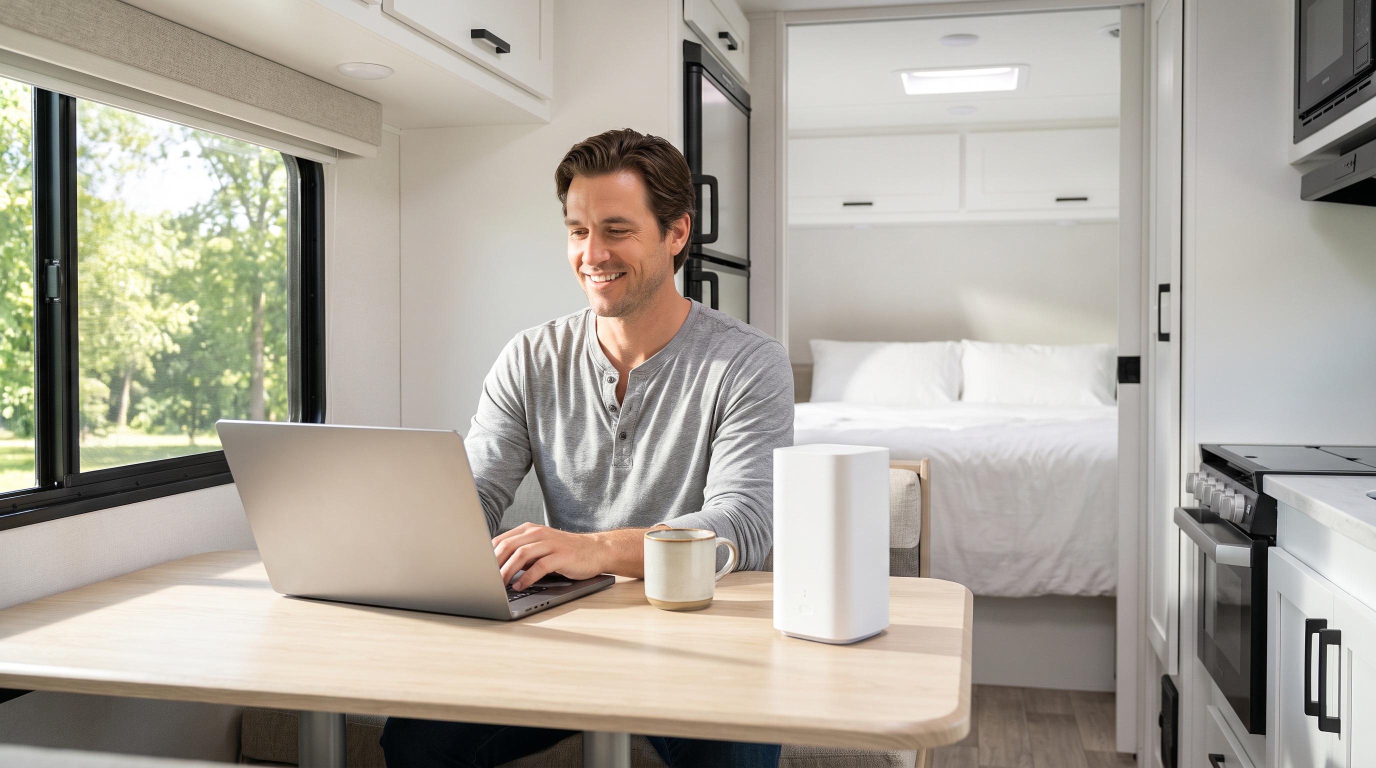 Man working on a laptop in an RV with a router on the window ledge, pine trees outside