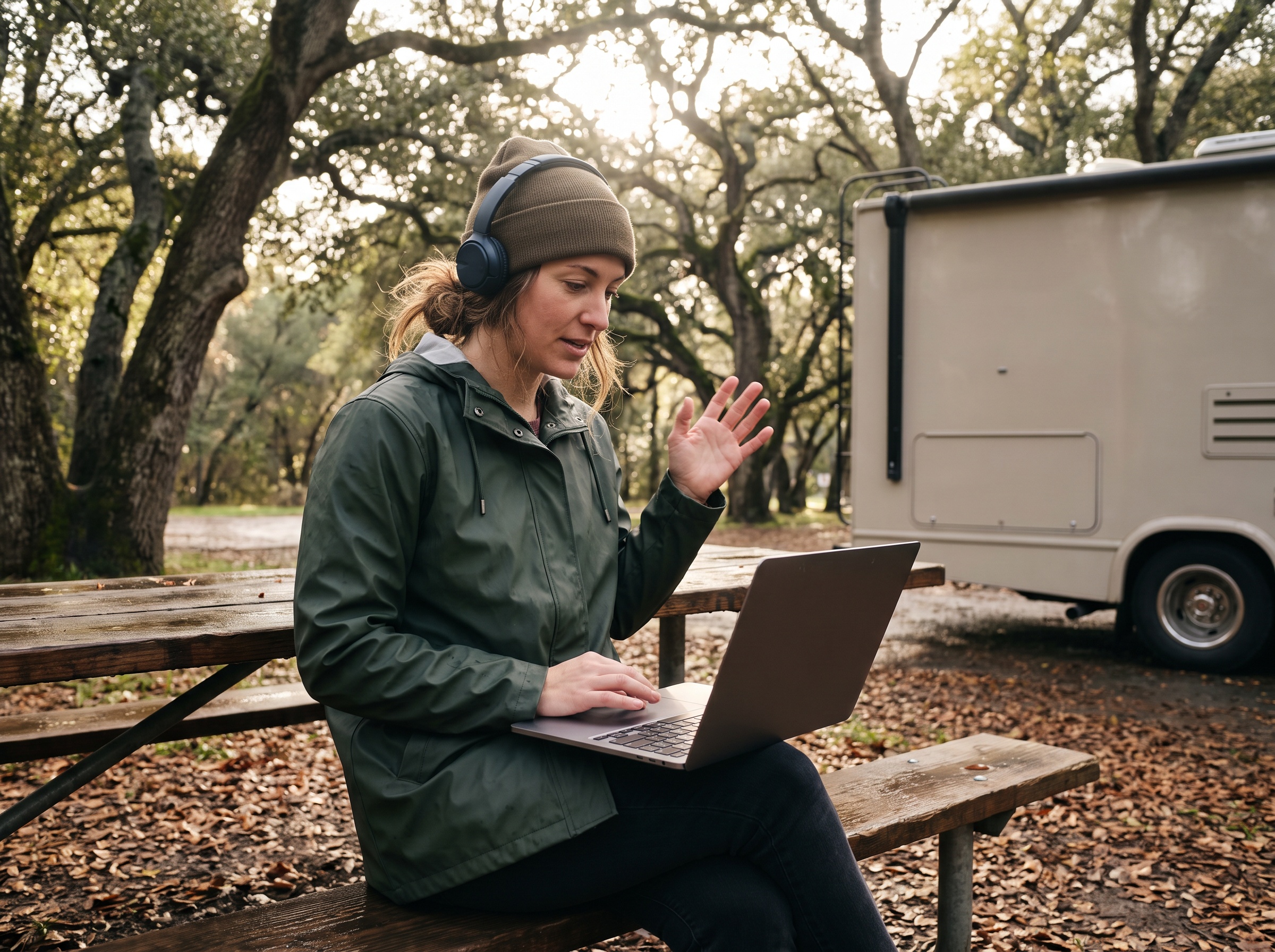 Woman on a video call at a picnic table under oak trees next to an RV at a campground