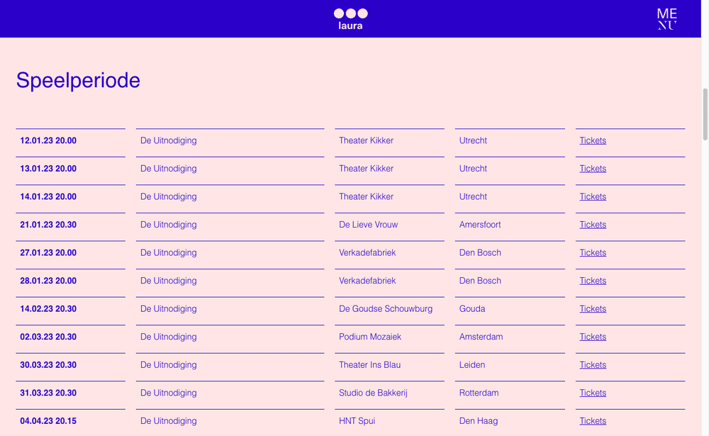 Play dates block of "De Uitnodiging" showing page