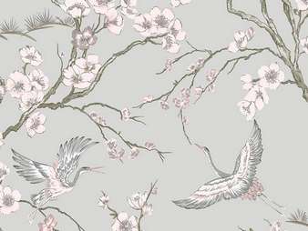 Non-woven wallpaper Japanese Birds Gray / Pink. picture 1