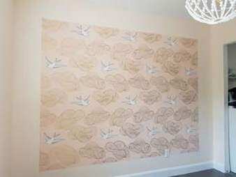 Off white birds and metallic gold clouds on a blush pink background. picture 1