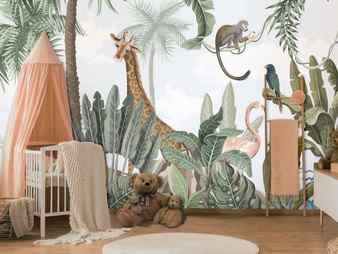 Wallpaper Safari Animals, Wall Mural Pink Flamingo and Cute Giraffe. picture 1