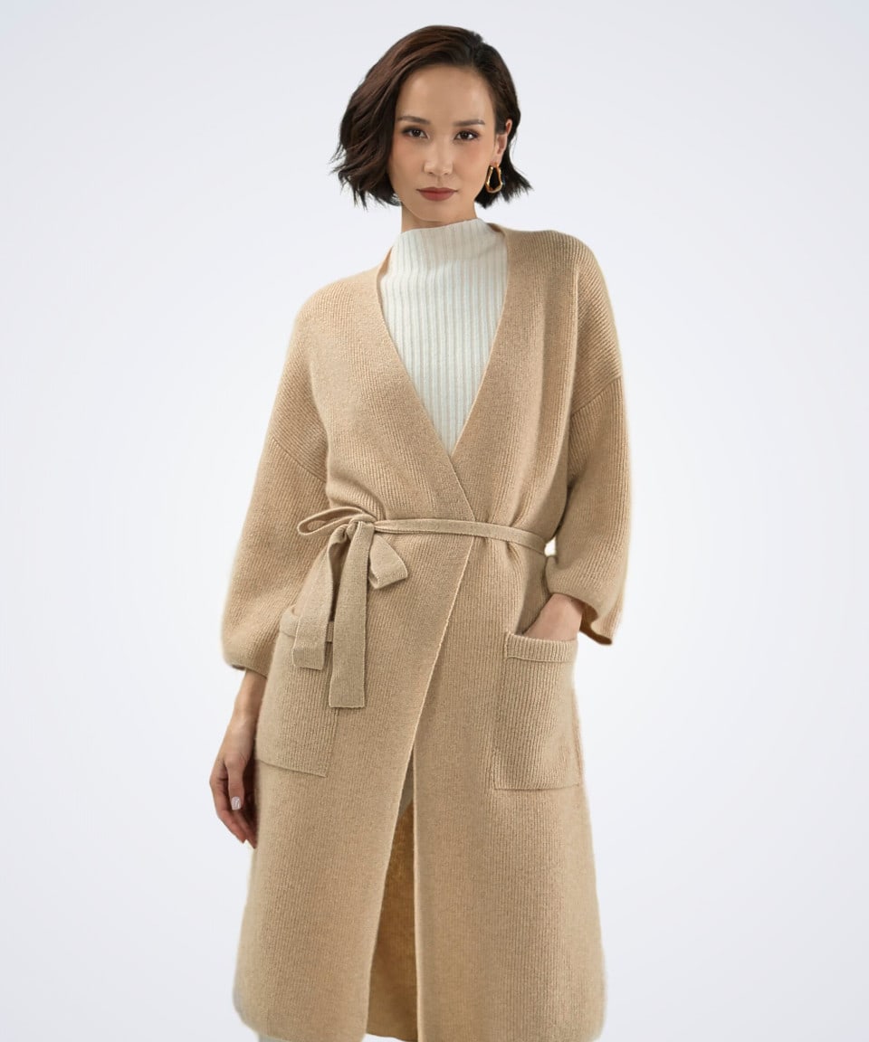 Front view of women's natural beige cashmere ribbed cardigan – Unur