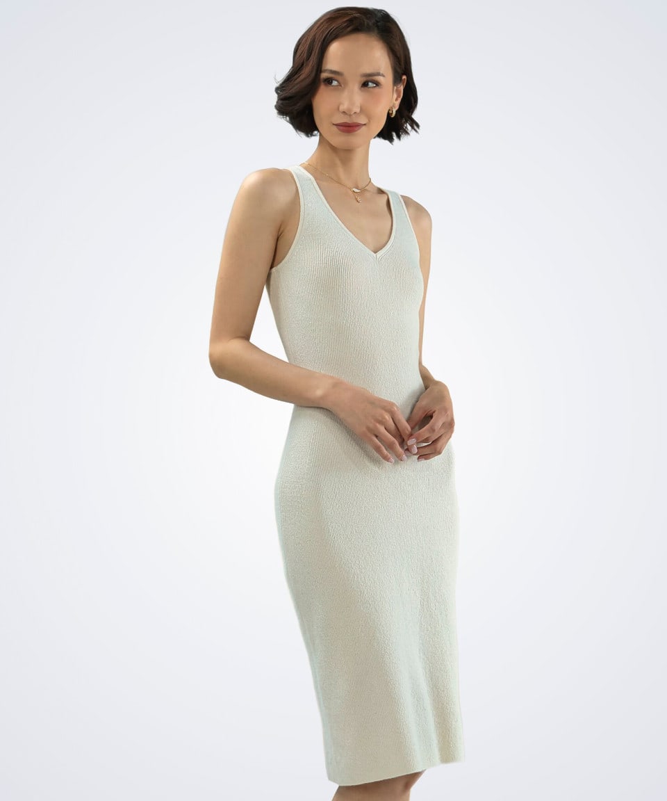 Front view of women's white cashmere ribbed dress – Unur