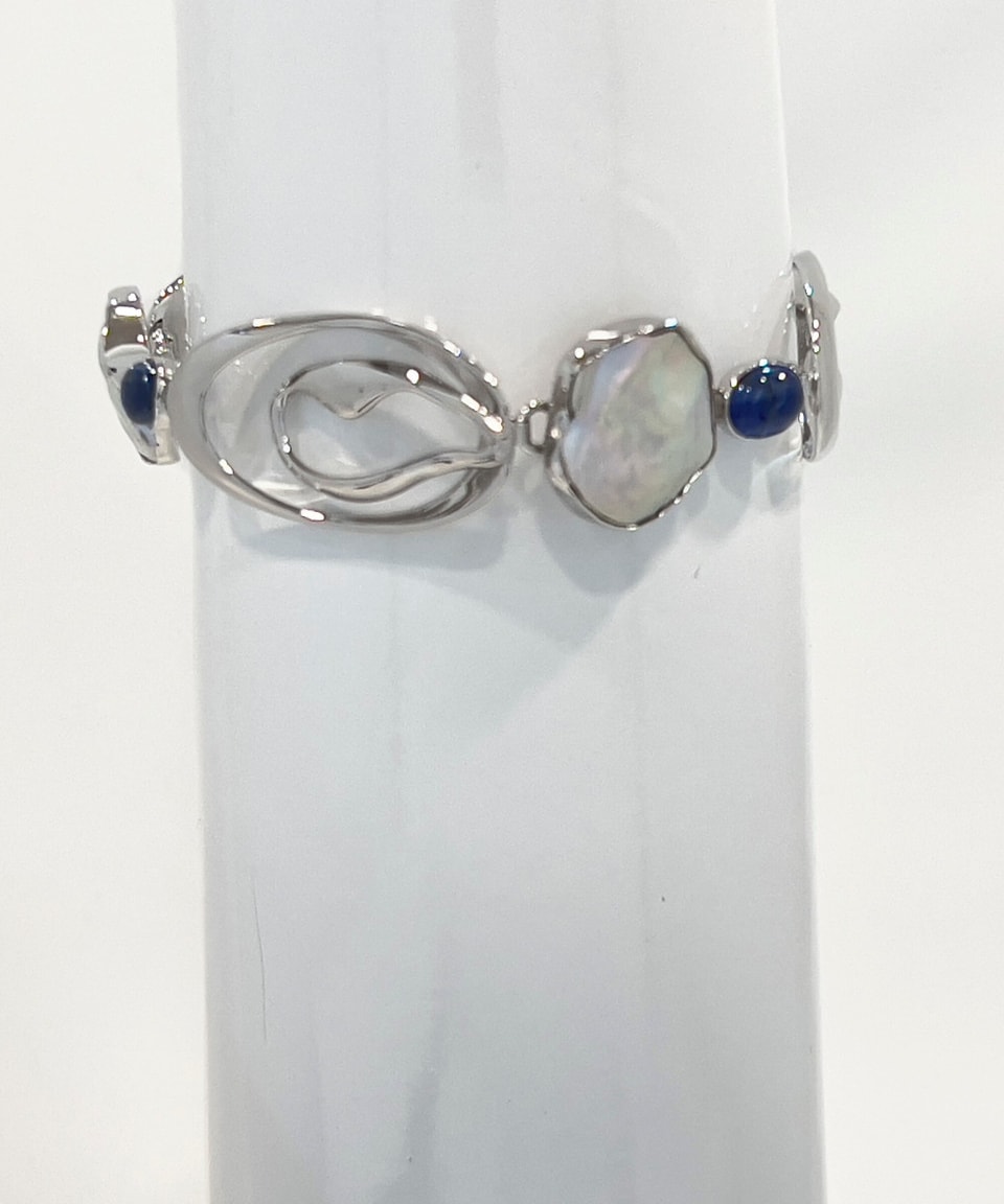 Signature keshi pearl with silver ovals and kyanite statement bracelet