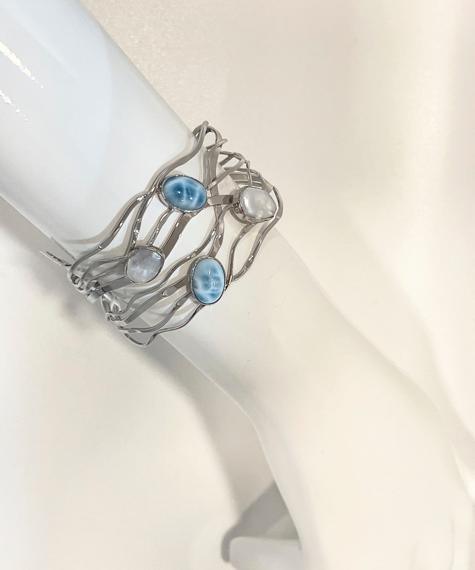 Signature keshi pearl and larimar open bangle bracelet in silver
