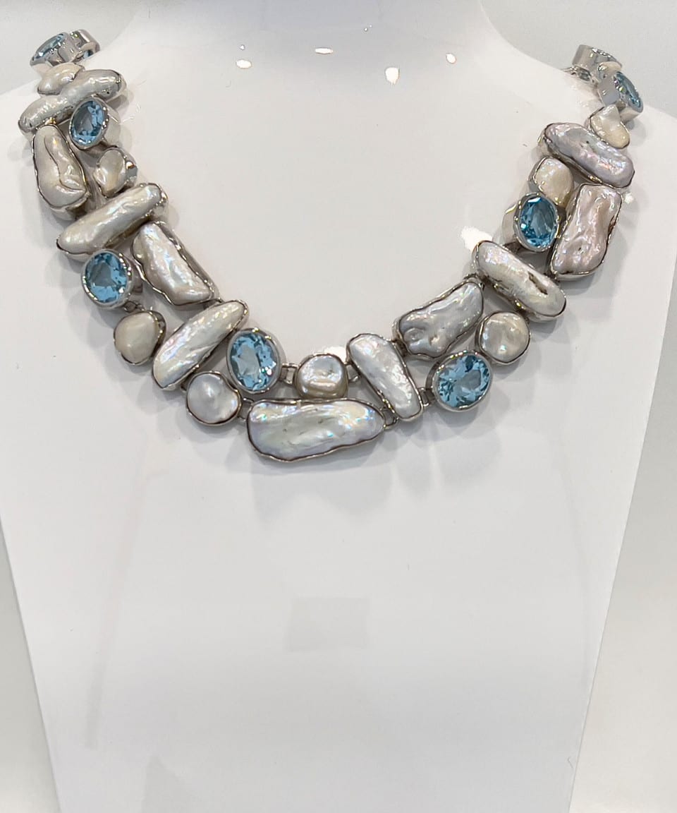 Signature keshi pearl and topaz statement chain necklace in tiled pattern