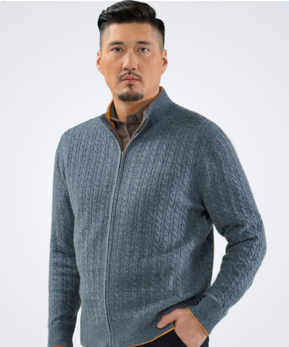 Man wearing a luxury grey cashmere cable knit cardigan, front view