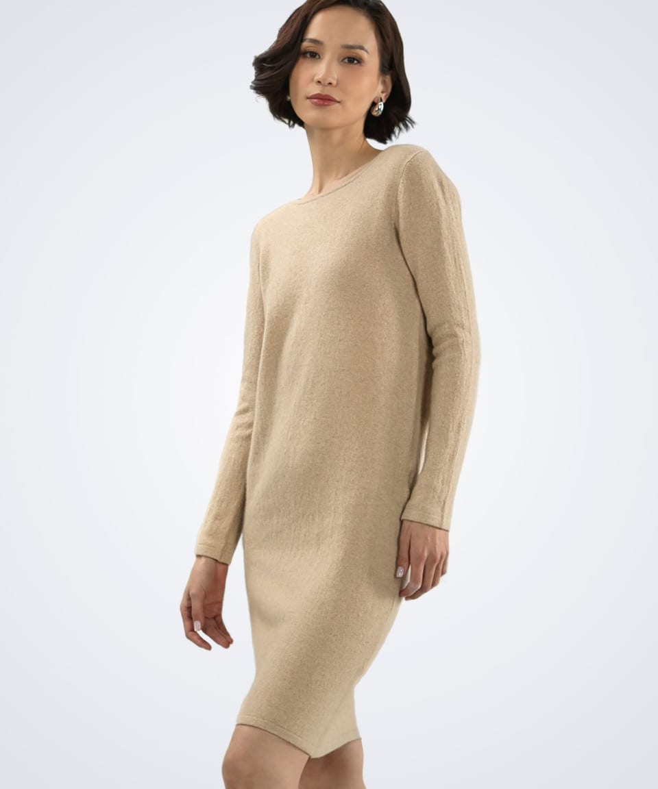 Front view of women's natural beige cashmere dress – Unur