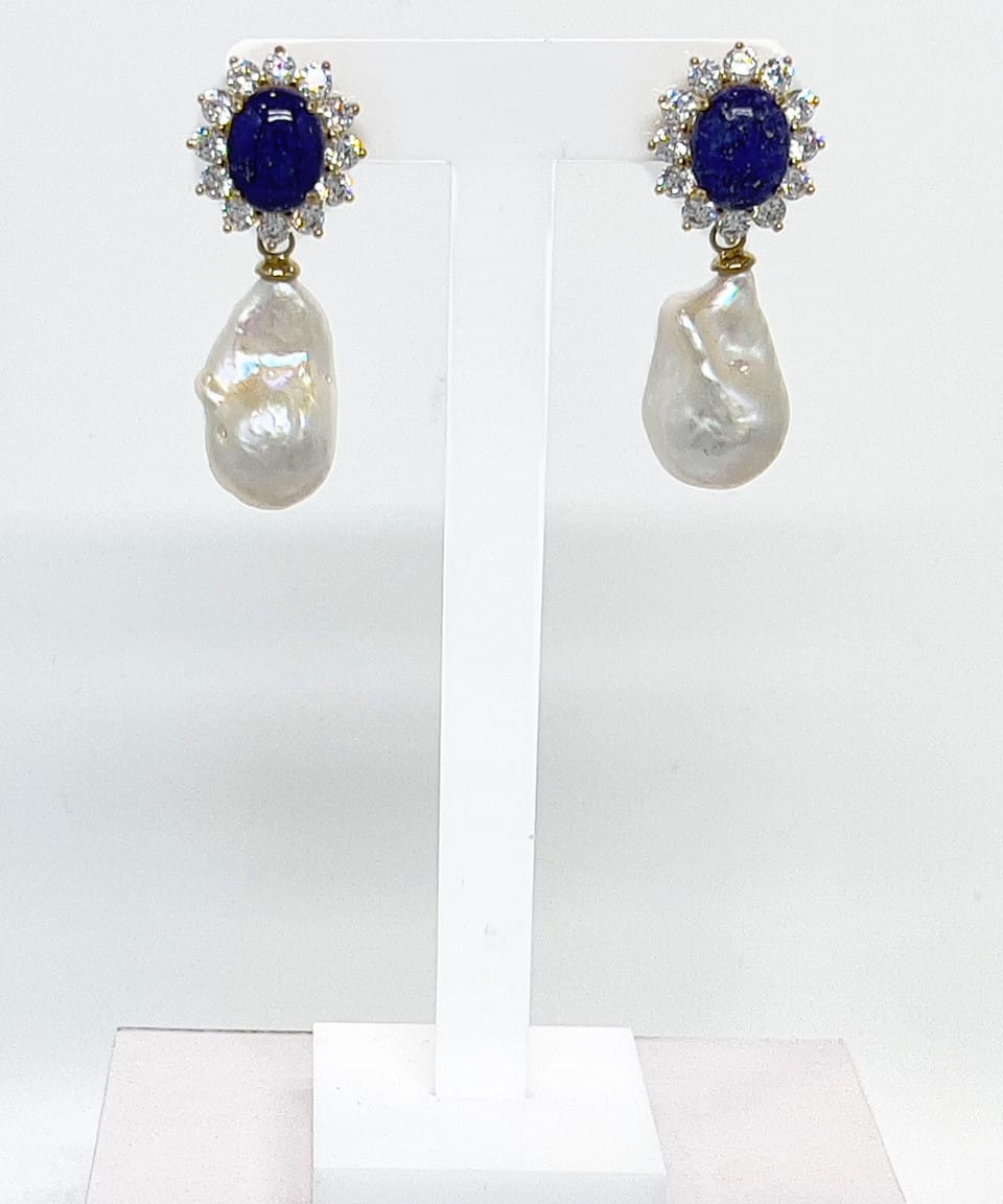 Signature baroque pearl drop earrings with lapis lazuli and crystal studs