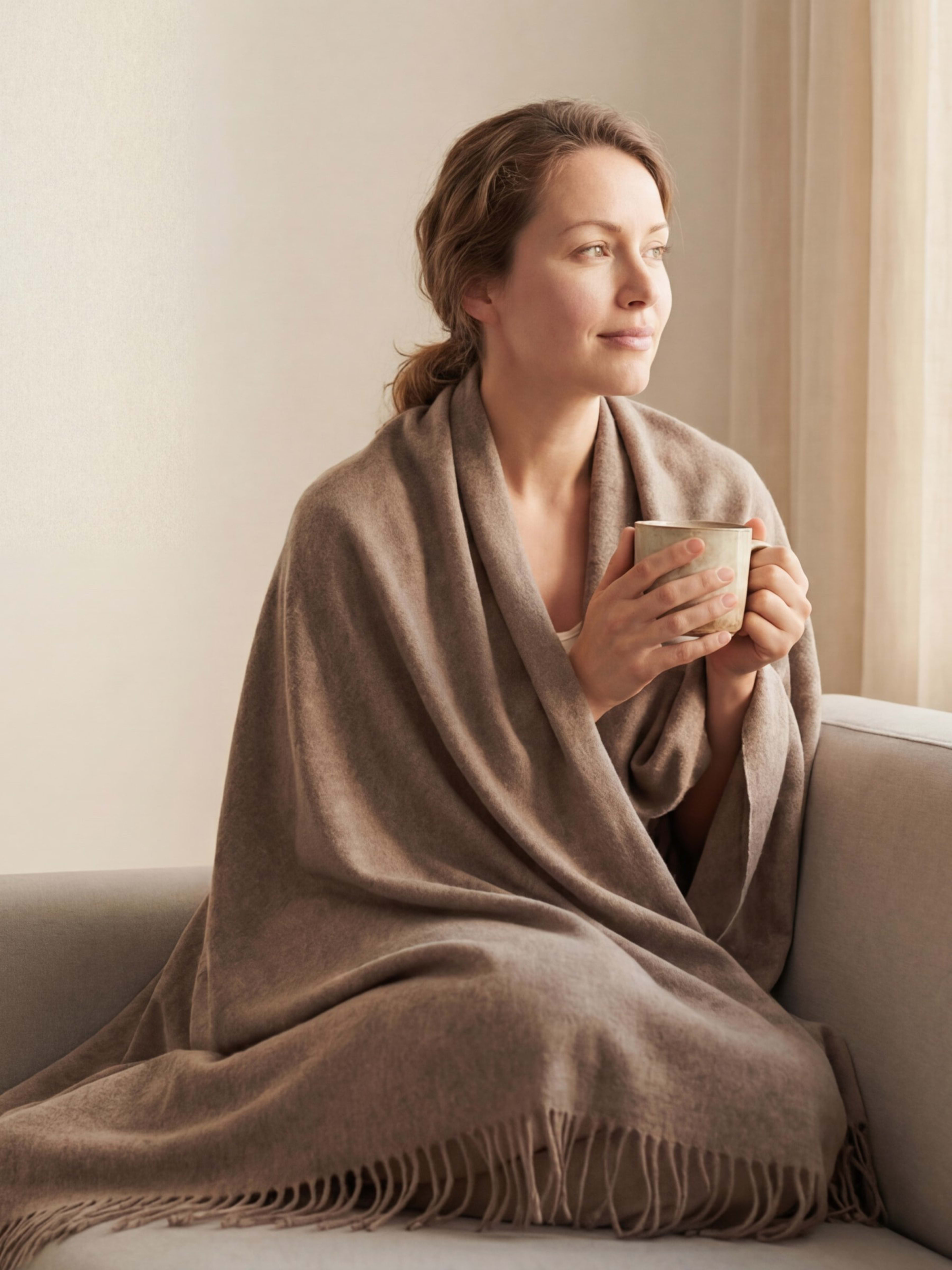 woman sitting on a sofa wrapped in a natural brown cashmere blanket