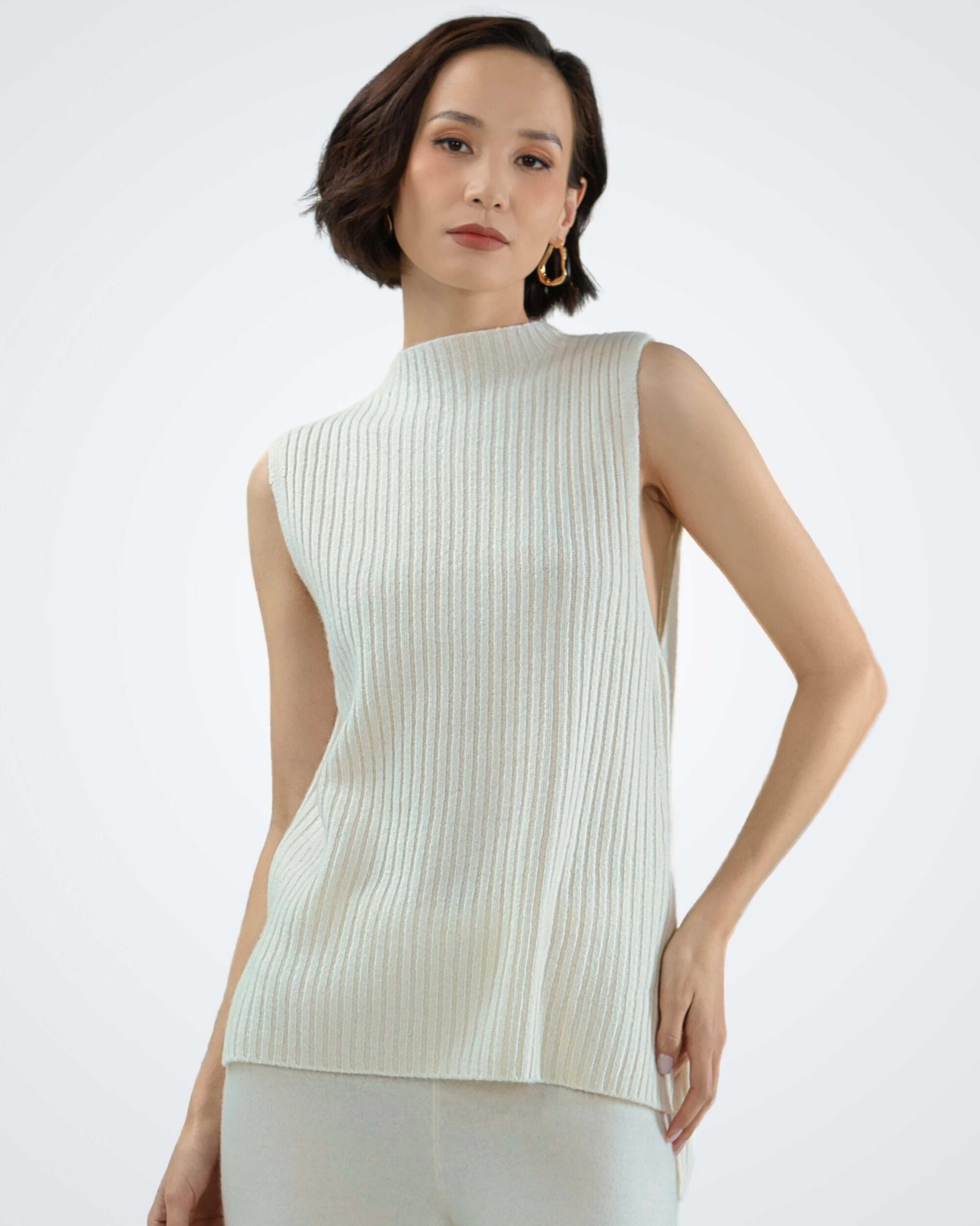 Front view of soft cashmere ribbed in white