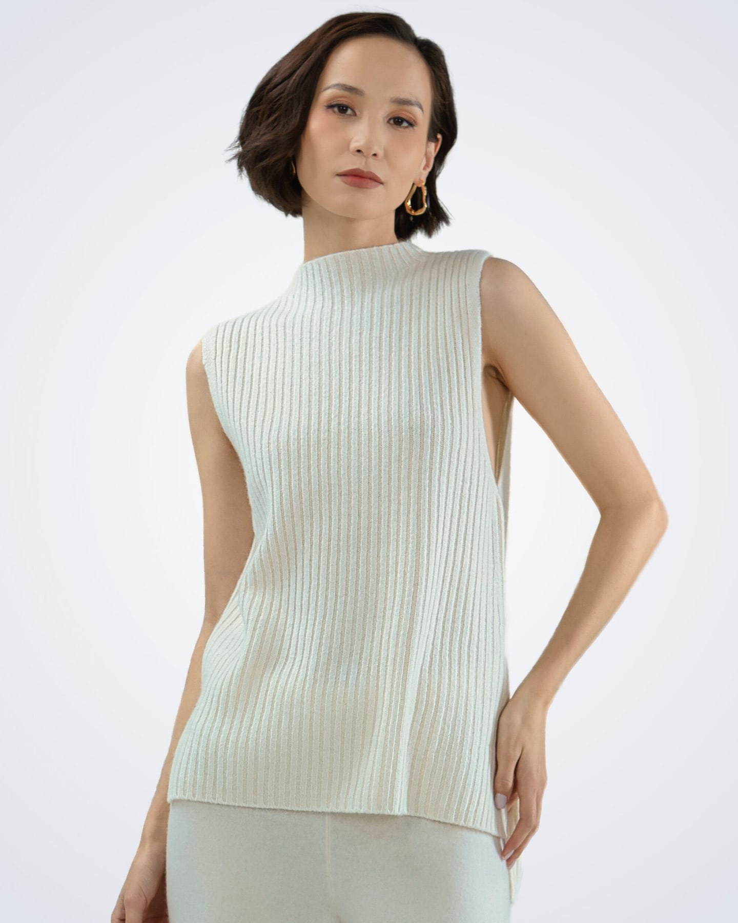 Front view of soft cashmere ribbed in white