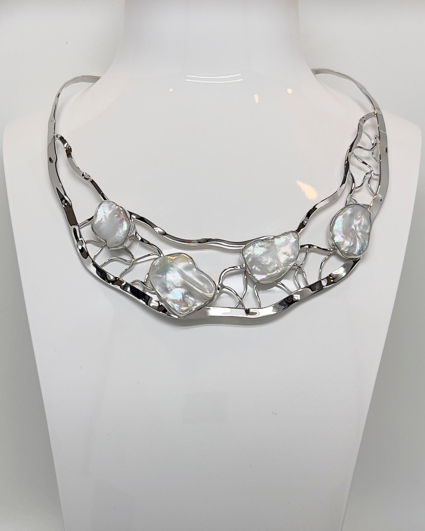 Signature Torque Collar Necklace with four keshi pearls and a rhodium-plated silver lattice
