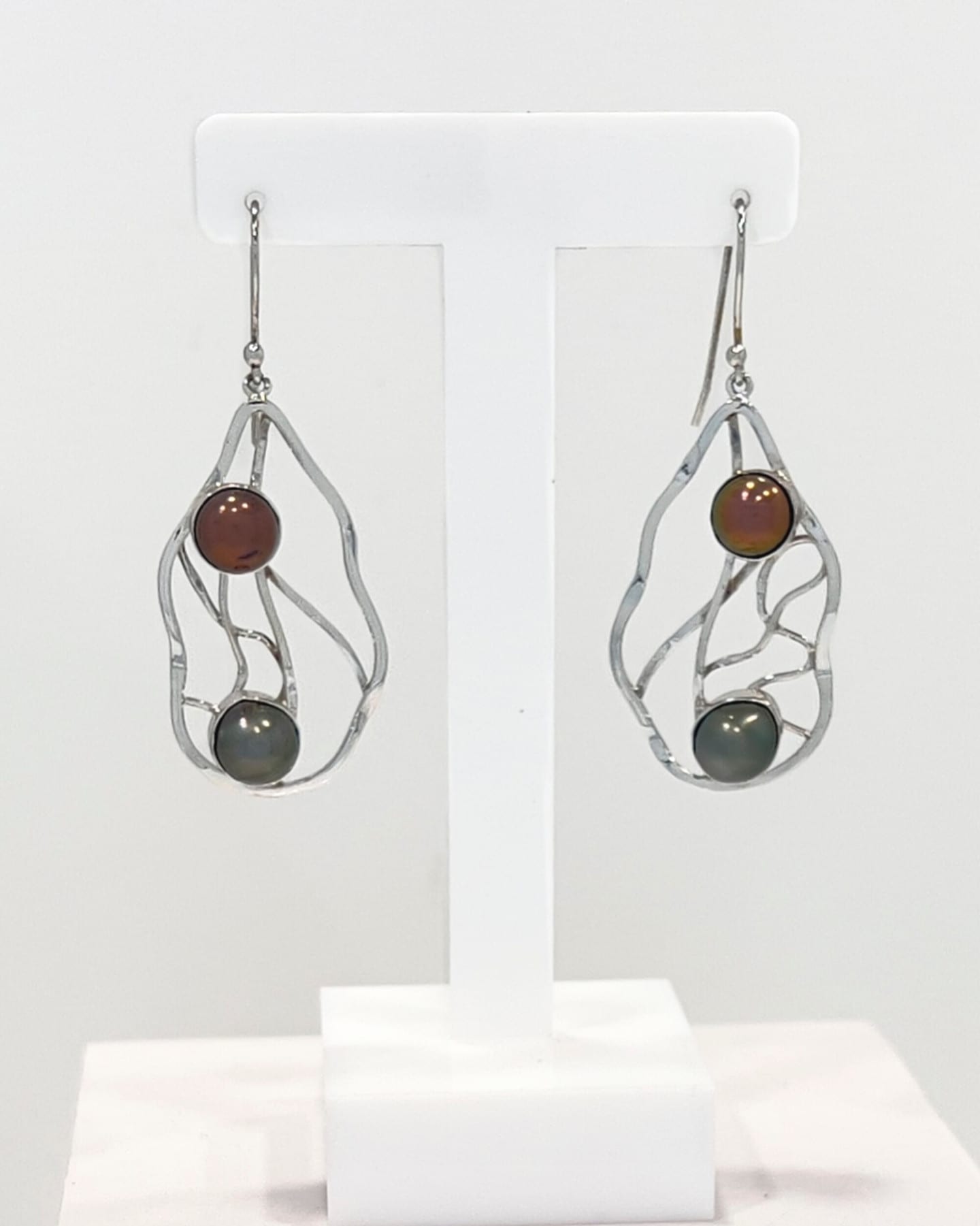 Signature silver lattice drop earrings with two Tahitian pearls