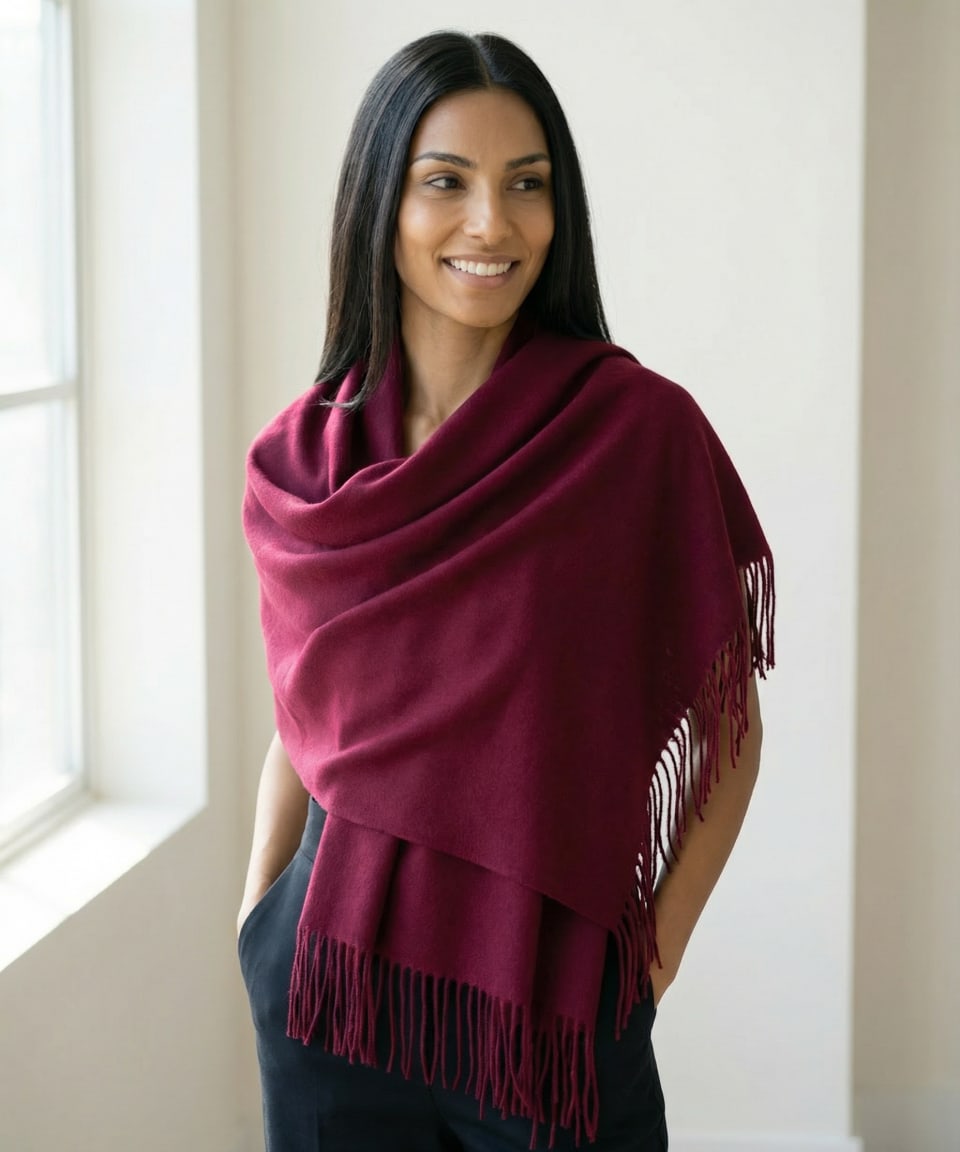 Lay-flat close up of burgundy unisex woven cashmere scarf with tassles