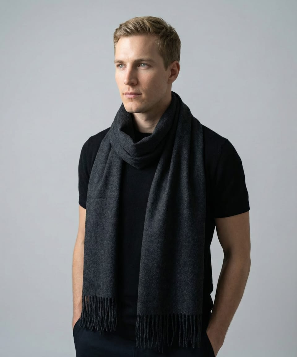 Man wearing a unisex woven cashmere scarf in dark grey with tassel fringe