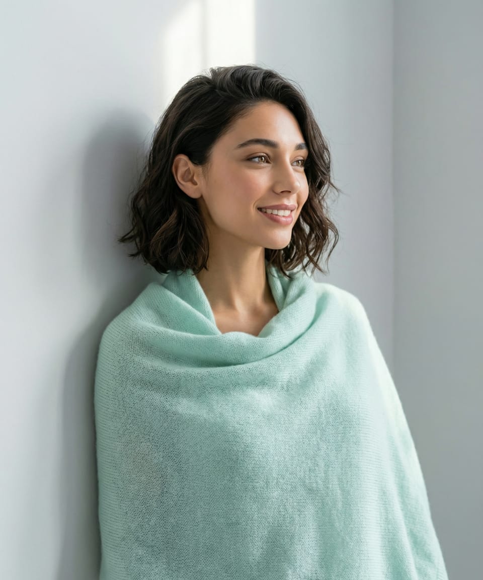 Women's lightweight knitted cashmere shawl in mint green, front view