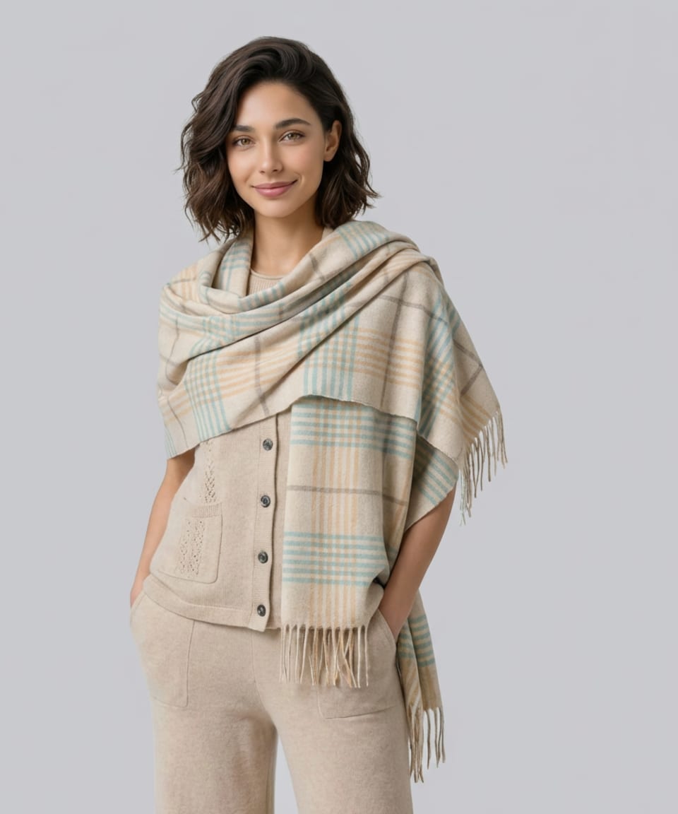 Unur women's cashmere plaid wrap shawl in tartan pattern with tasselled edges